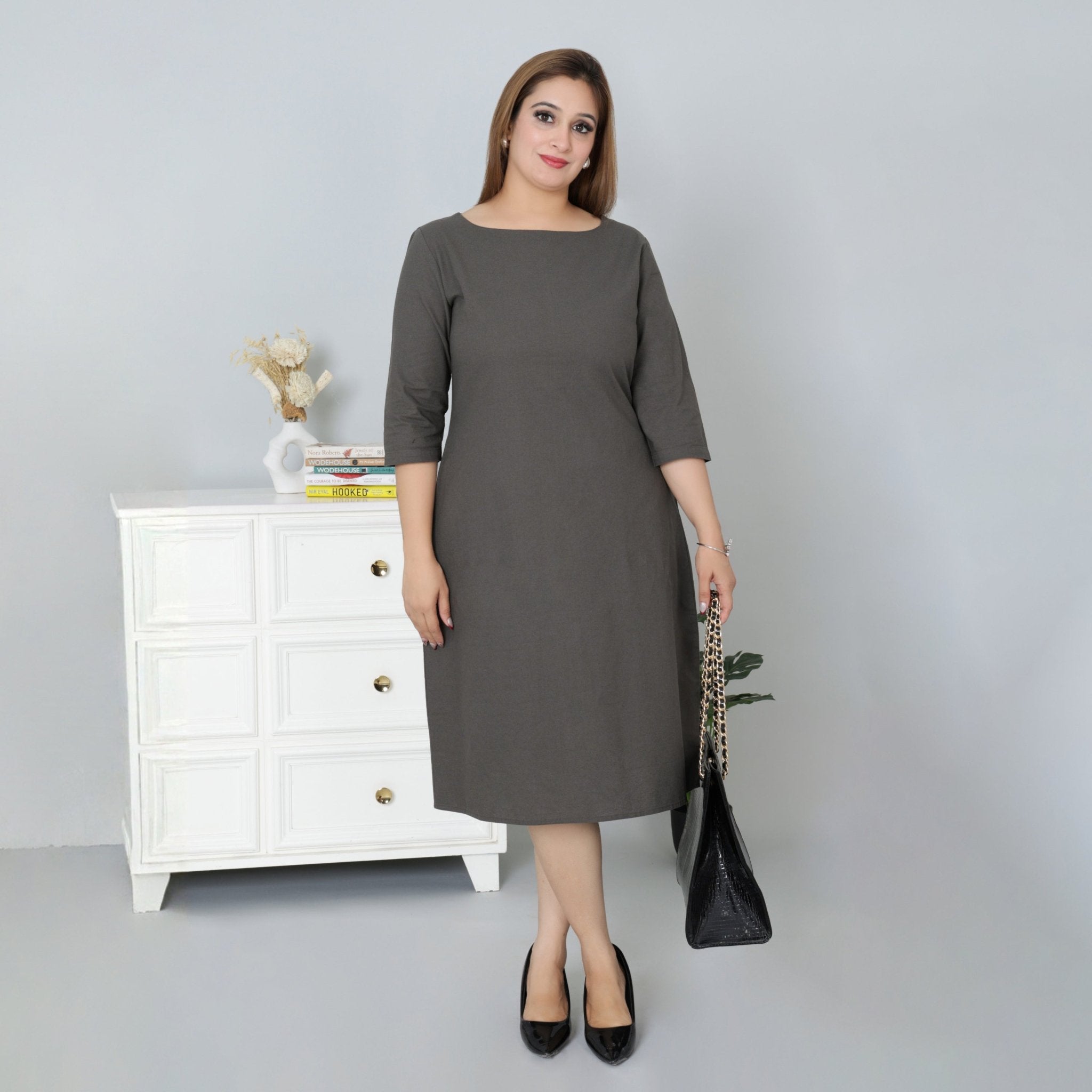 Grey cotton full sleeve midi dress with pocket [100% pure cotton] - Cotton pocket midi dress