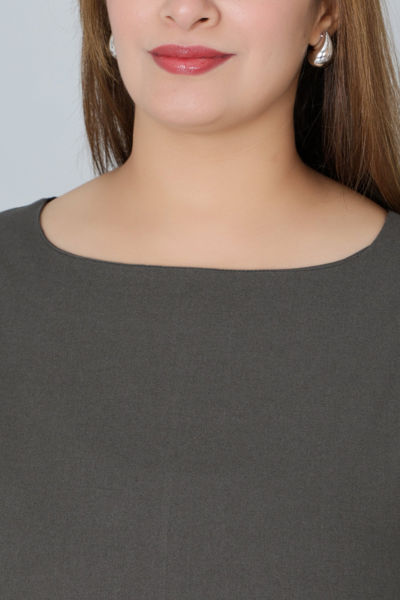 Grey cotton full sleeve midi dress with pocket [100% pure cotton] - Cotton pocket midi dress