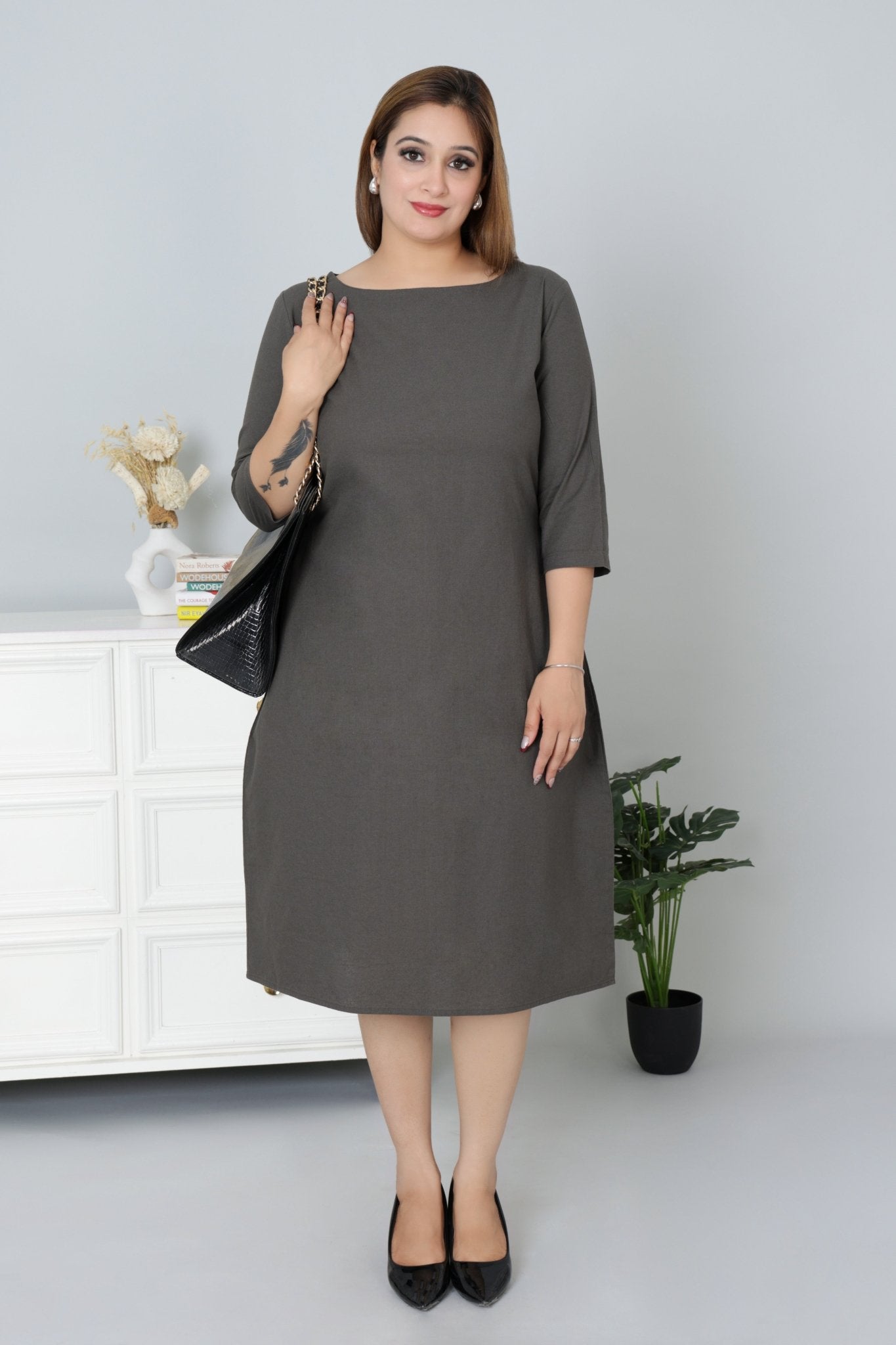 Grey cotton full sleeve midi dress with pocket [100% pure cotton] - Cotton pocket midi dress