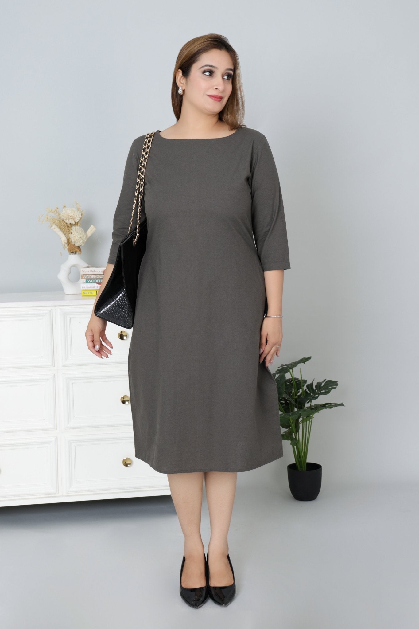 Grey cotton full sleeve midi dress with pocket [100% pure cotton] - Cotton pocket midi dress
