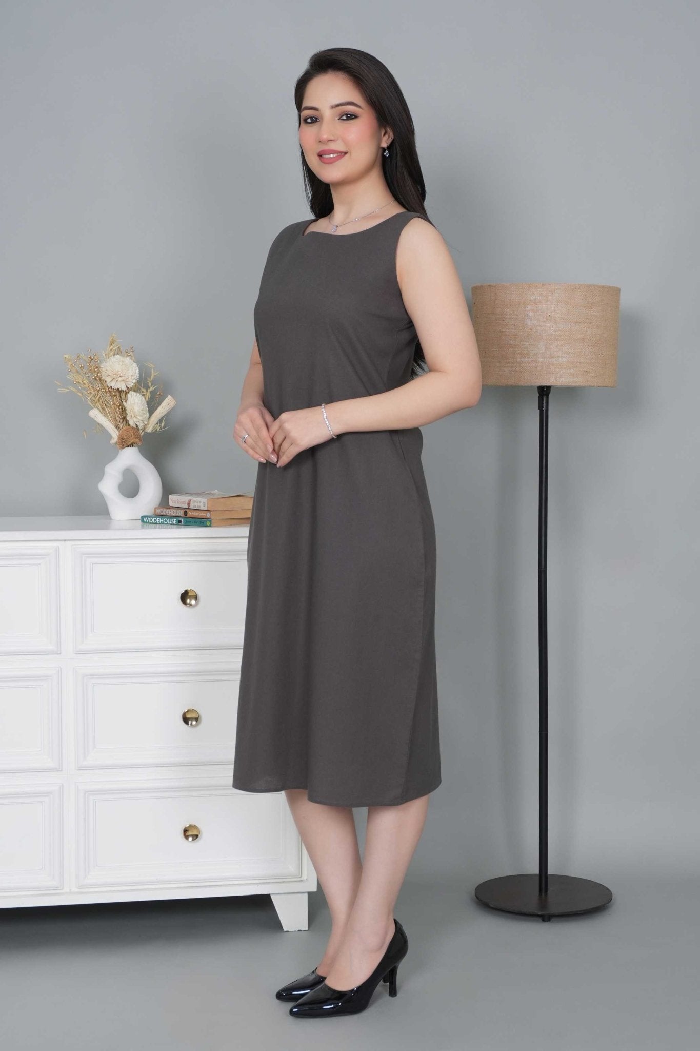 Grey cotton midi dress [100% pure cotton] - Cotton midi dress