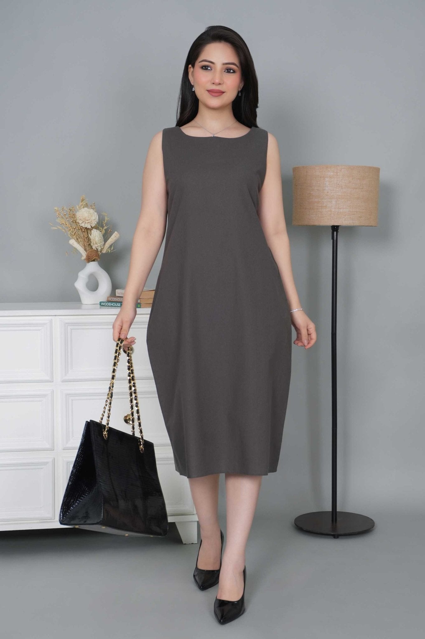 Grey cotton midi dress [100% pure cotton] - Cotton midi dress