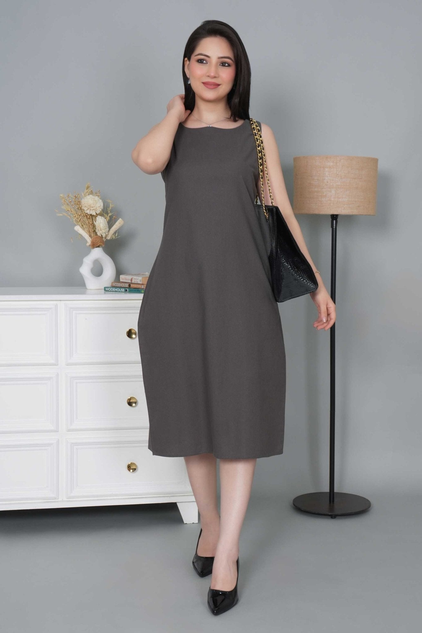 Grey cotton midi dress [100% pure cotton] - Cotton midi dress