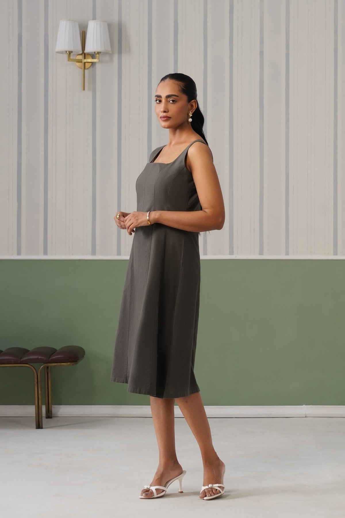 Grey cotton midi dress with pocket [100% pure cotton] -Cotton pocket midi dress