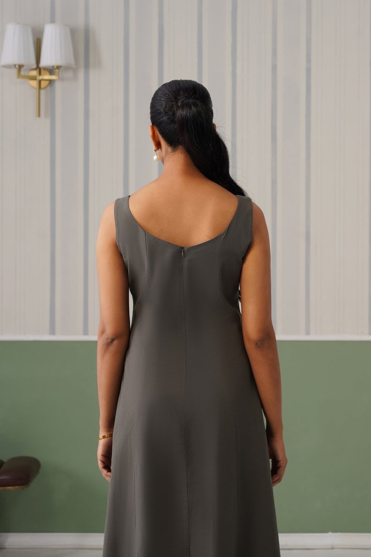 Grey cotton midi dress with pocket [100% pure cotton] -Cotton pocket midi dress
