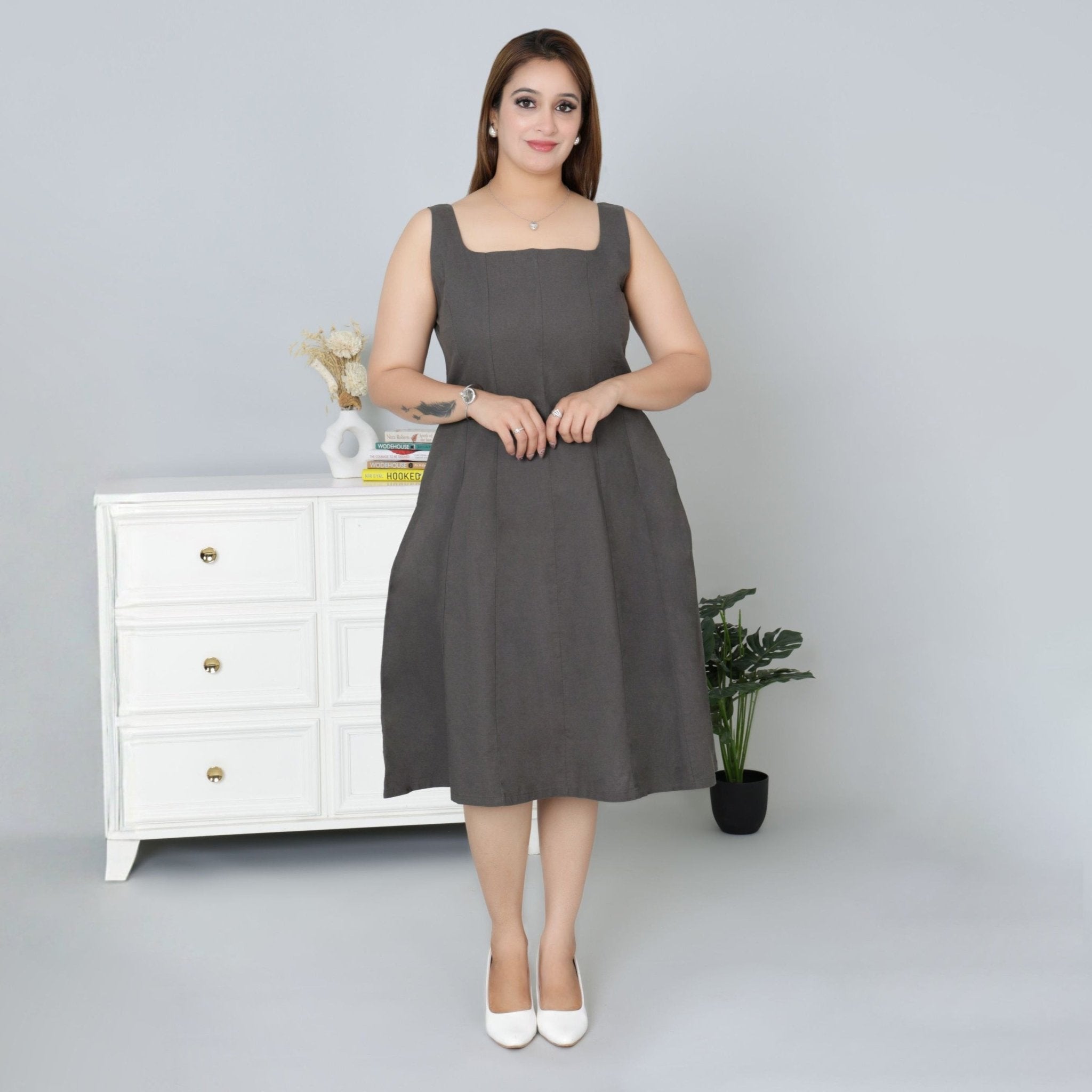 Grey cotton midi dress with pocket [100% pure cotton] - Cotton pocket midi dress