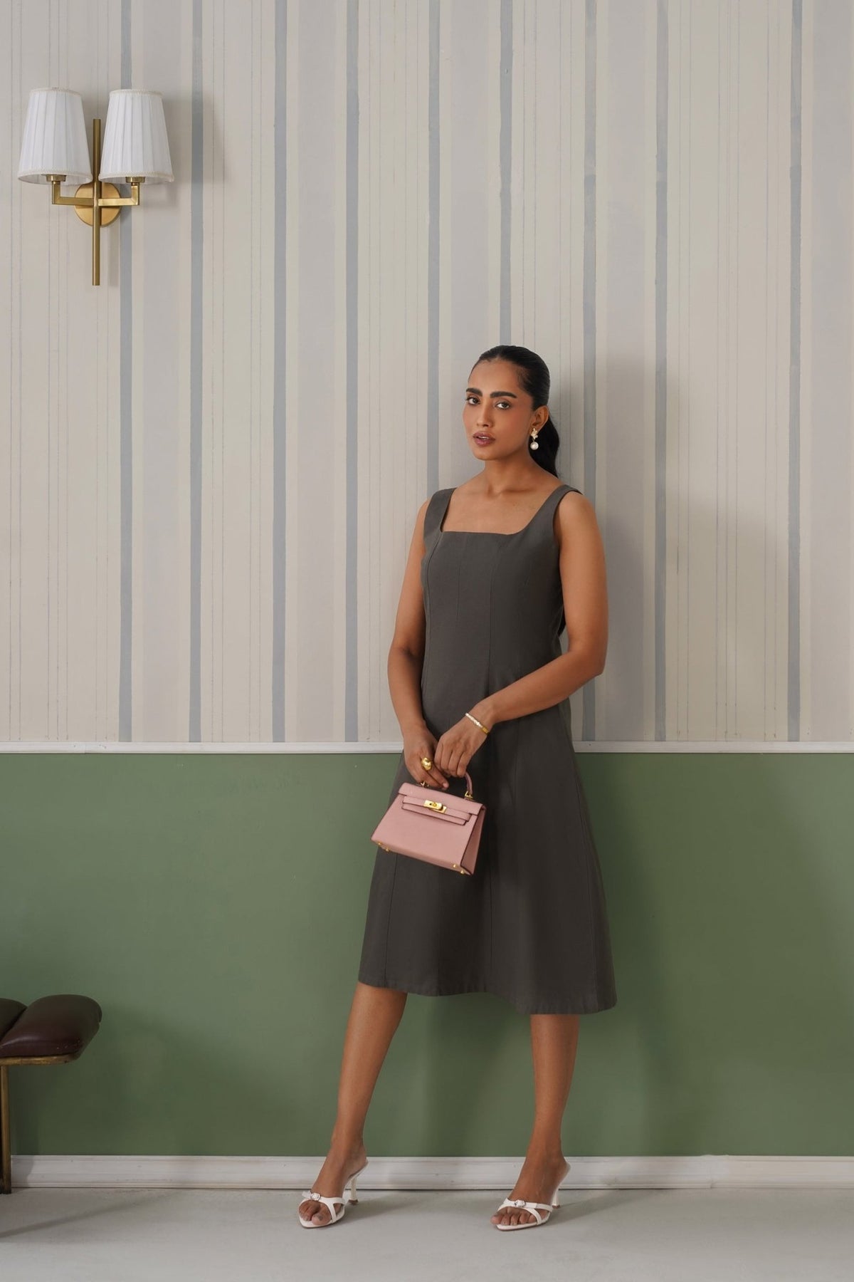 Grey cotton midi dress with pocket [100% pure cotton] -Cotton pocket midi dress