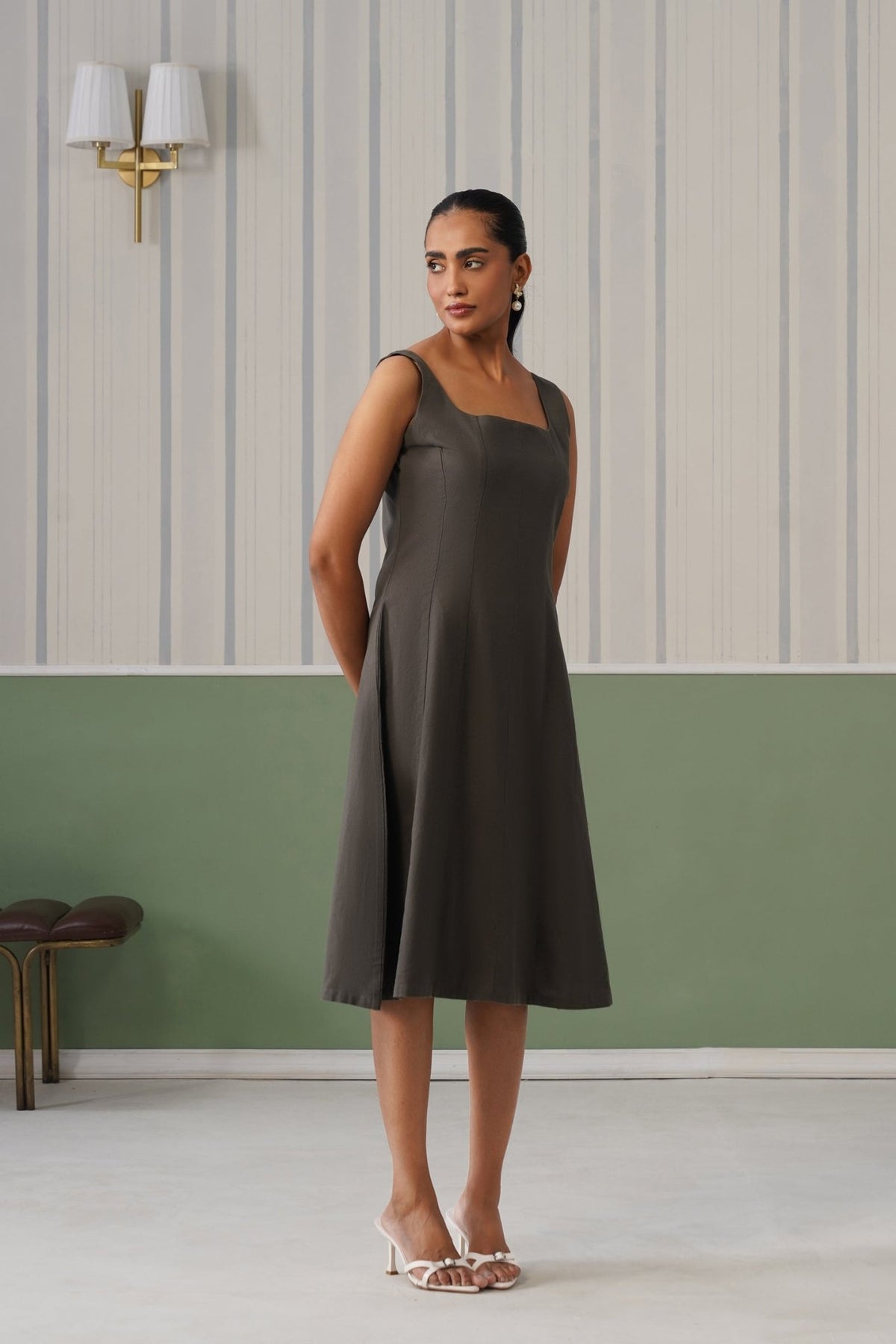 Grey cotton midi dress with pocket [100% pure cotton] -Cotton pocket midi dress