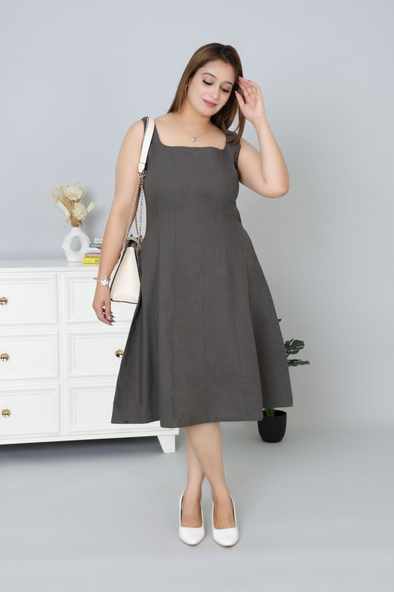 Grey cotton midi dress with pocket [100% pure cotton] - Cotton pocket midi dress