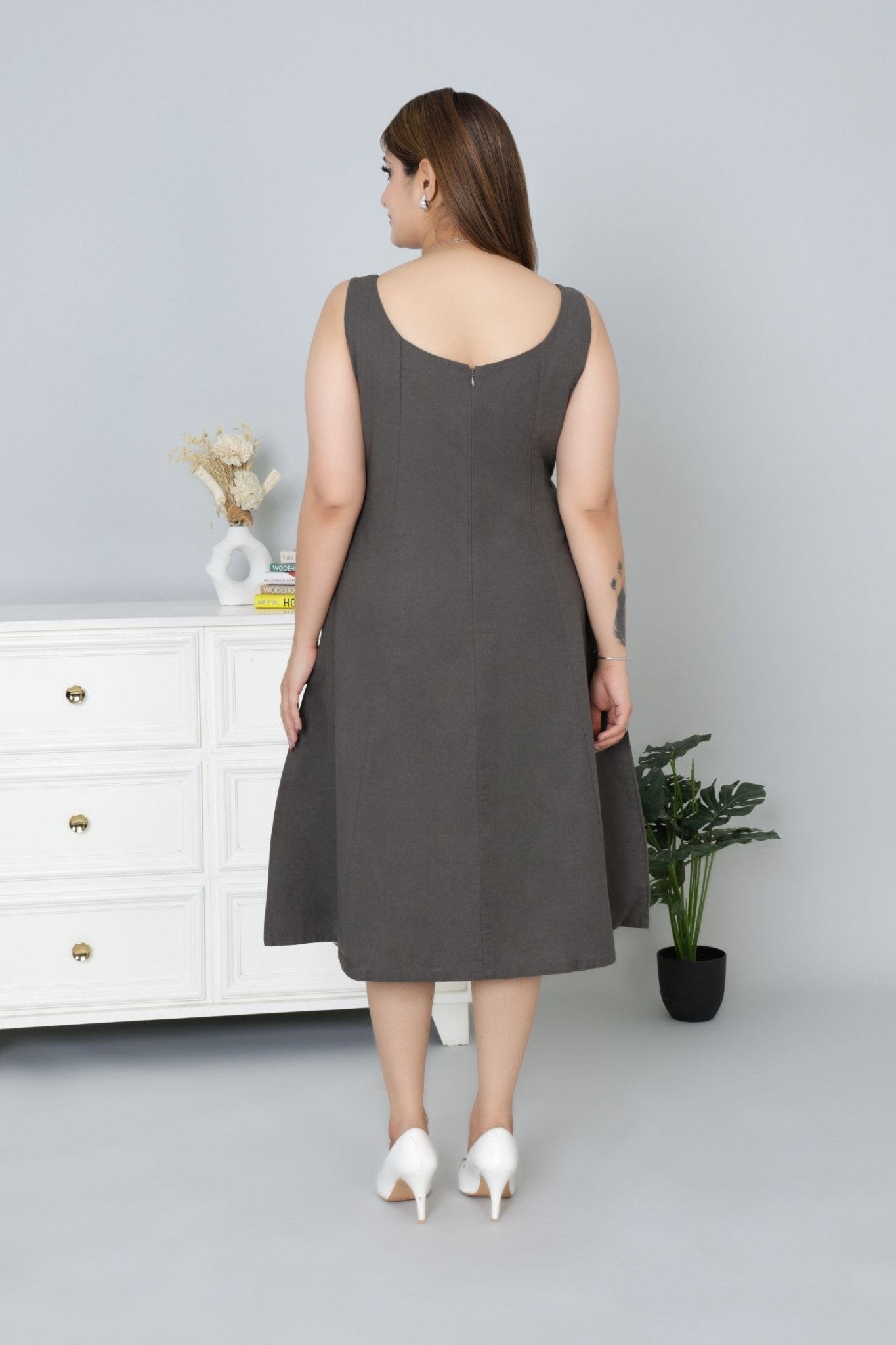 Grey cotton midi dress with pocket [100% pure cotton] - Cotton pocket midi dress