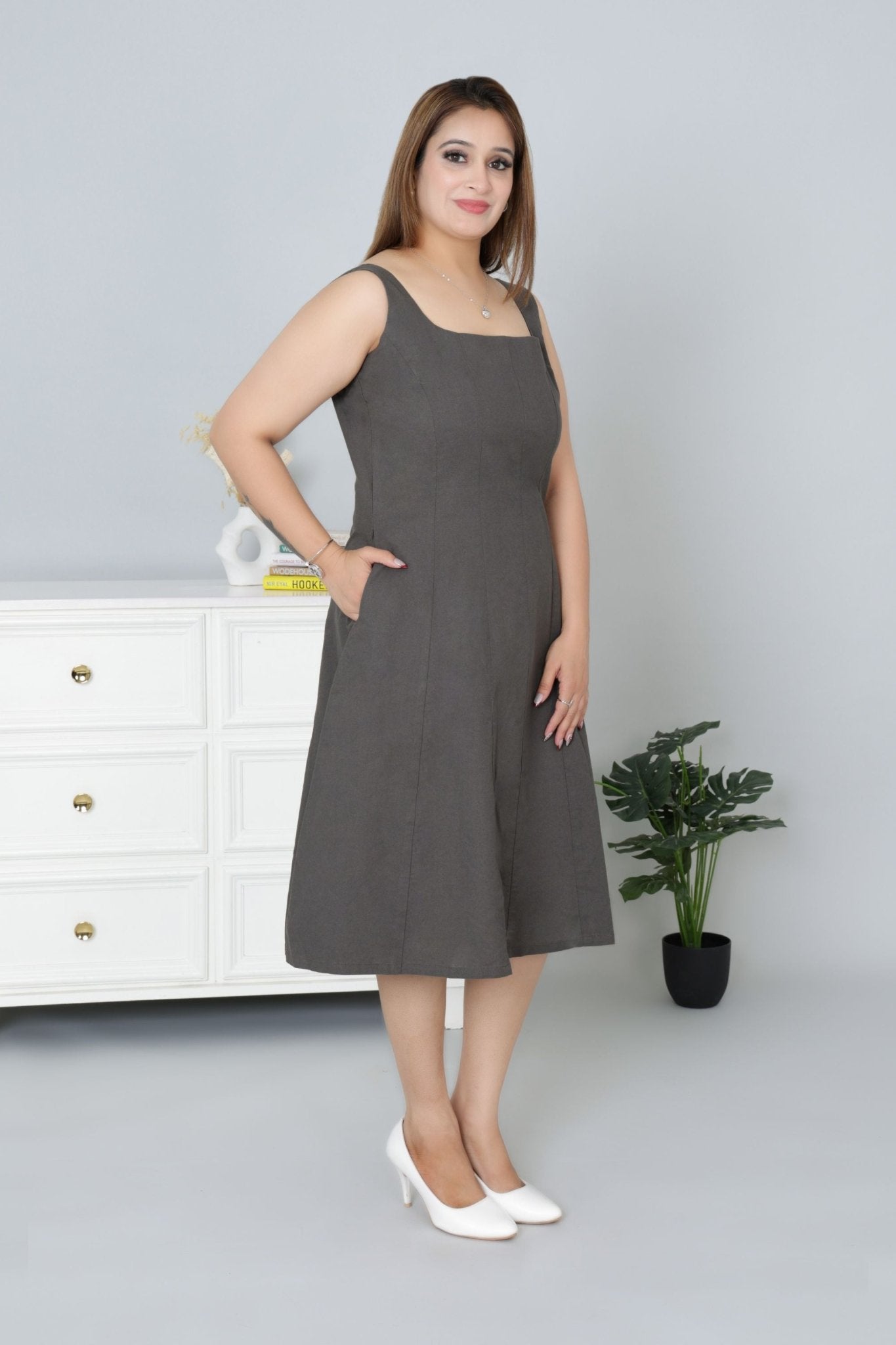 Grey cotton midi dress with pocket [100% pure cotton] - Cotton pocket midi dress