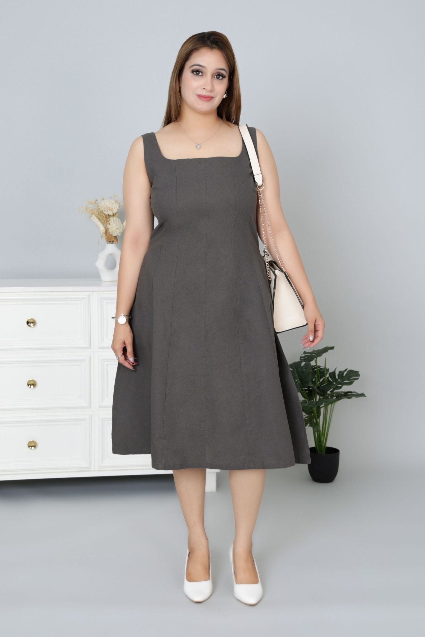 Grey cotton midi dress with pocket [100% pure cotton] - Cotton pocket midi dress