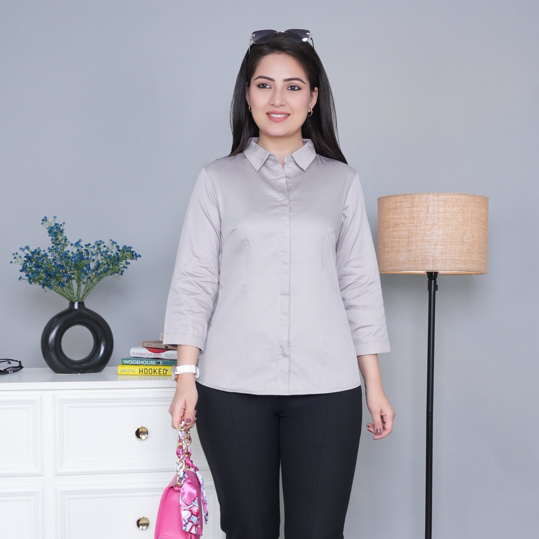 Grey cotton office placket shirt - Cotton office placket shirt