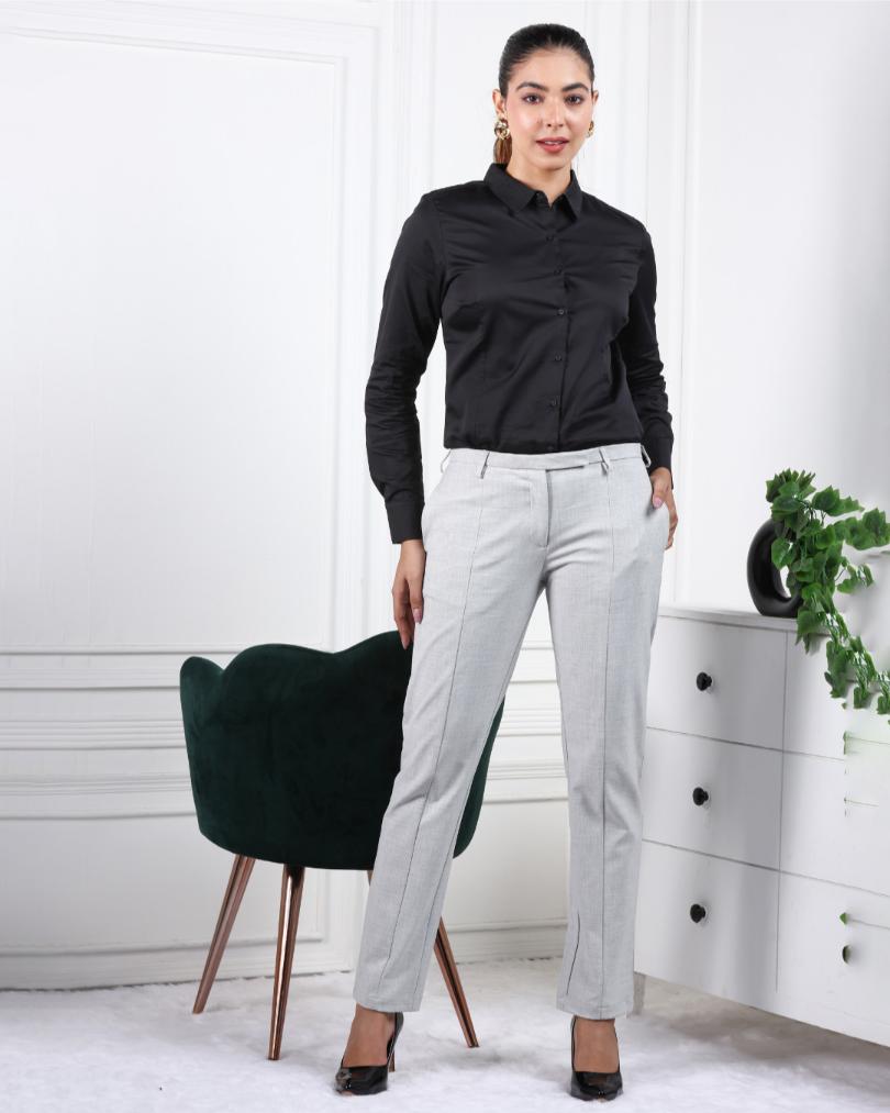 Grey melange woven formal pants with spandex [Straight fit] - Woven formal pants