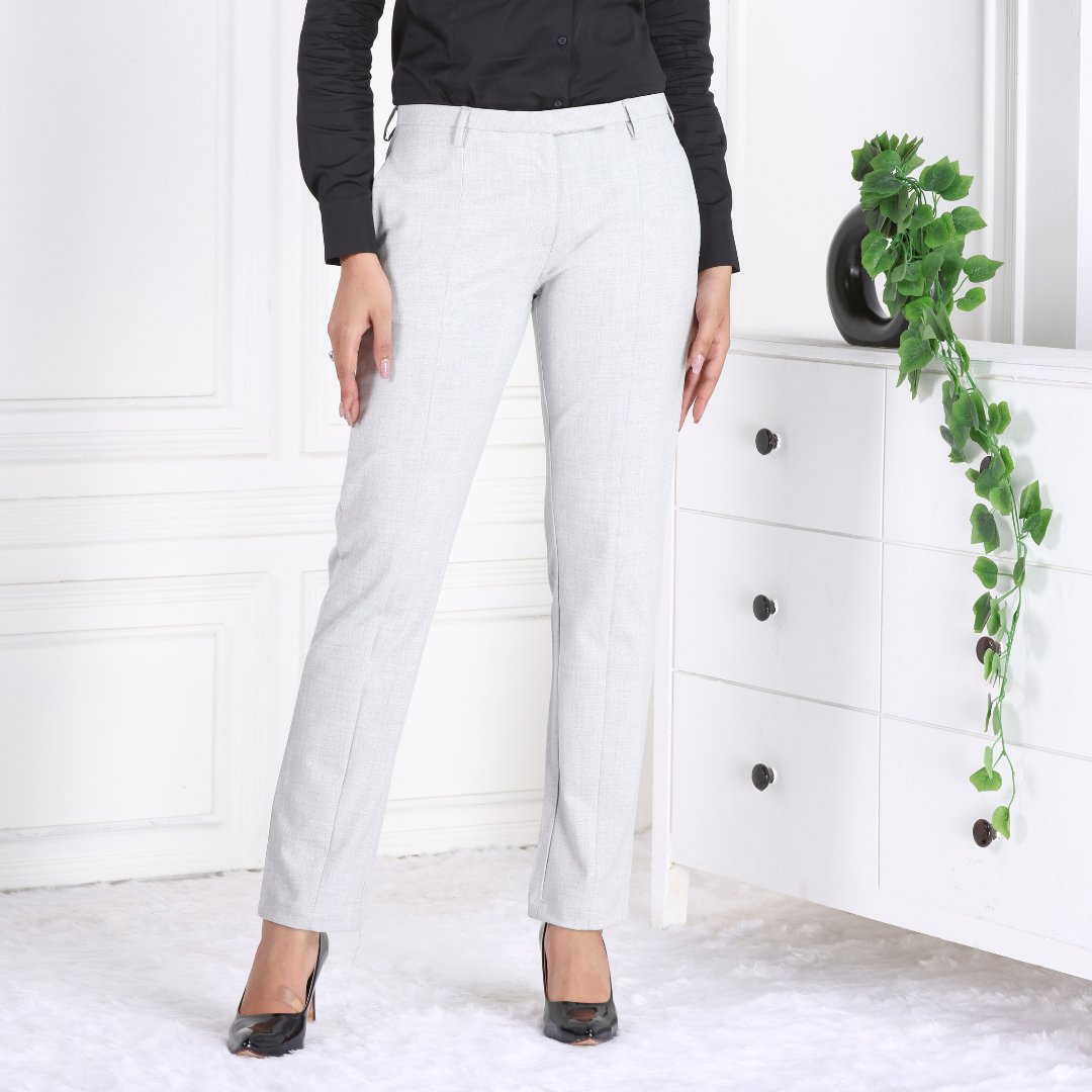 Grey melange woven formal pants with spandex [Straight fit] - Woven formal pants