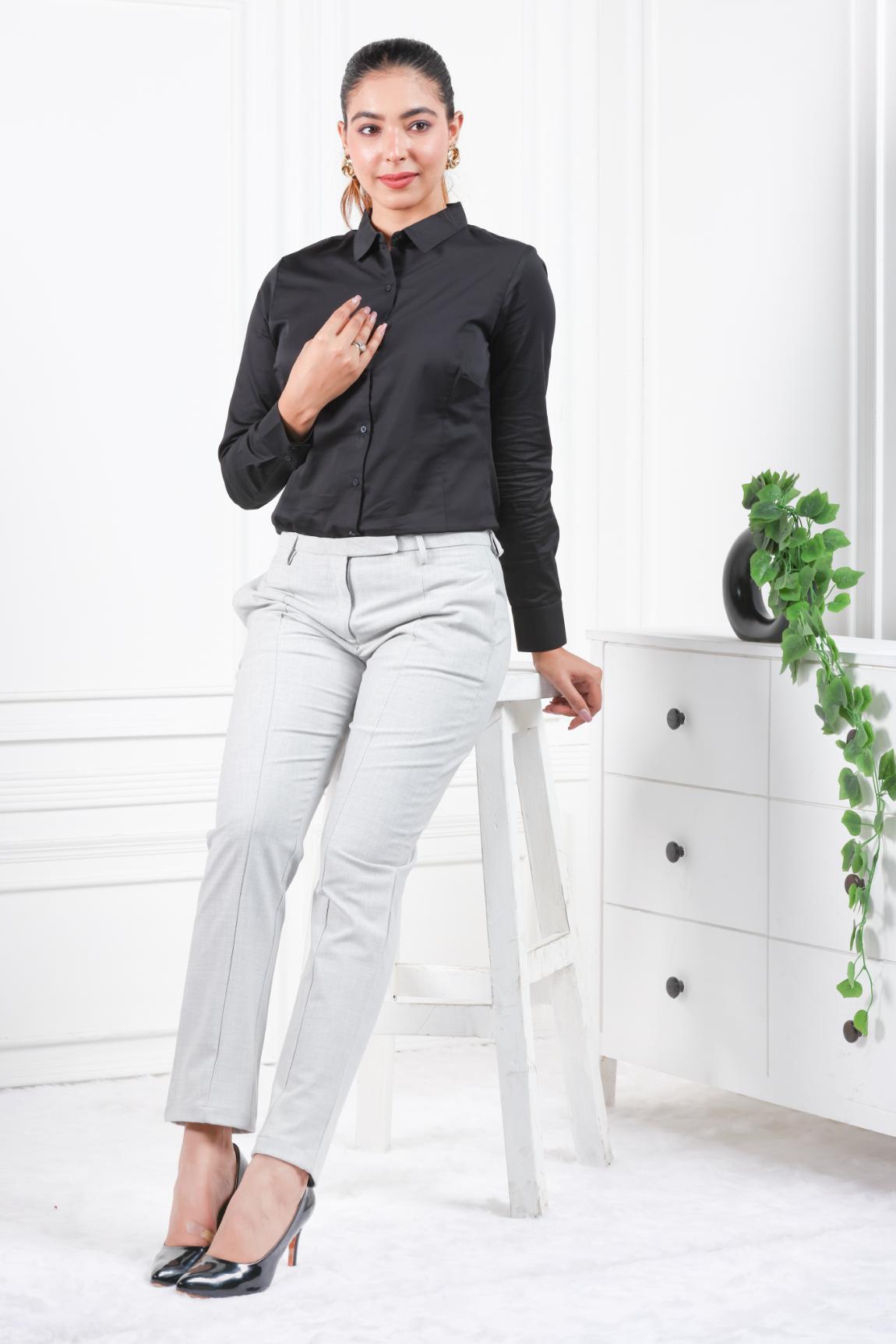 Grey melange woven formal pants with spandex [Straight fit] - Woven formal pants