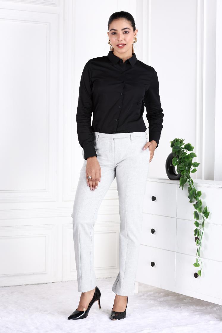 Grey melange woven formal pants with spandex [Straight fit] - Woven formal pants