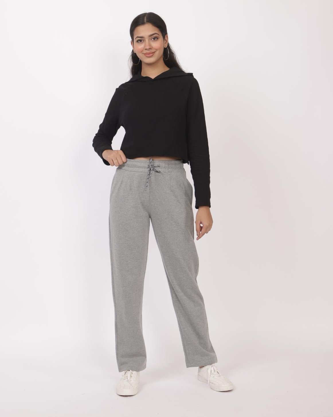 Grey stretchable biowash USA HQ winter fleece cotton cigarette pencil pants with superior elastic belt. [Straight fit] - Winter straight pant