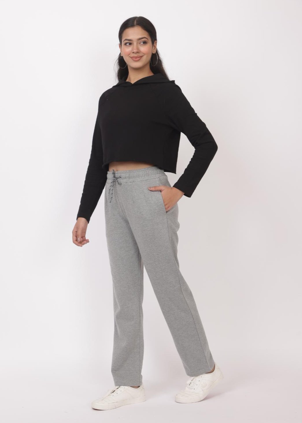 Grey stretchable biowash USA HQ winter fleece cotton cigarette pencil pants with superior elastic belt. [Straight fit] - Winter straight pant