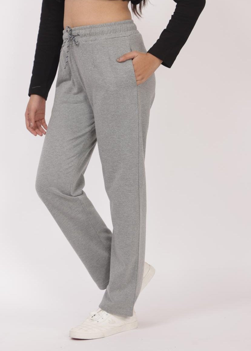 Grey stretchable biowash USA HQ winter fleece cotton cigarette pencil pants with superior elastic belt. [Straight fit] - Winter straight pant