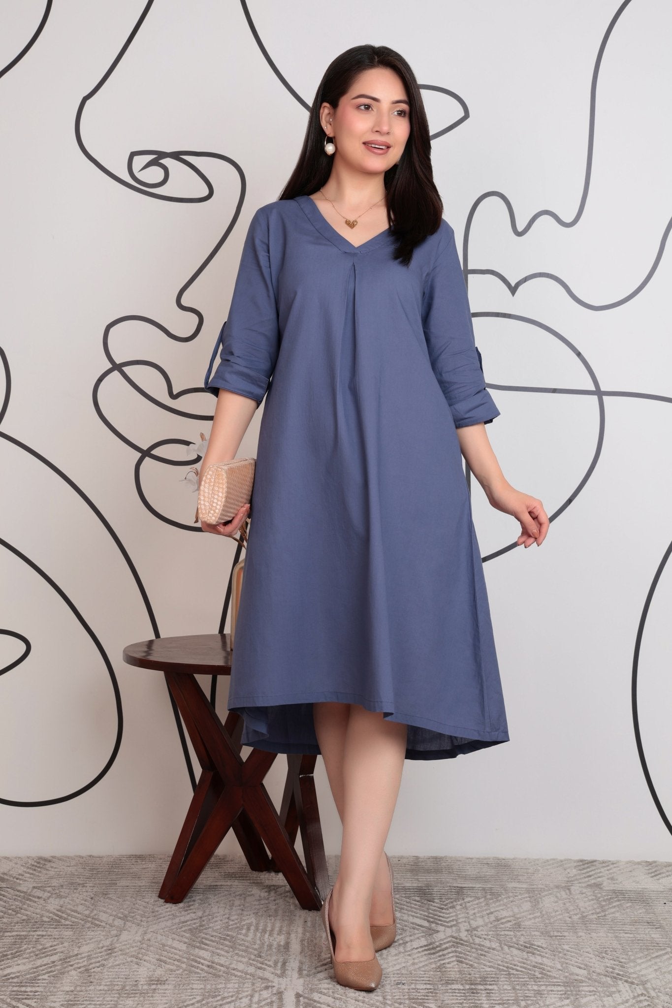 Grey v-neck pleated dress with sleeves [100% pure cotton] -Cotton midi dress