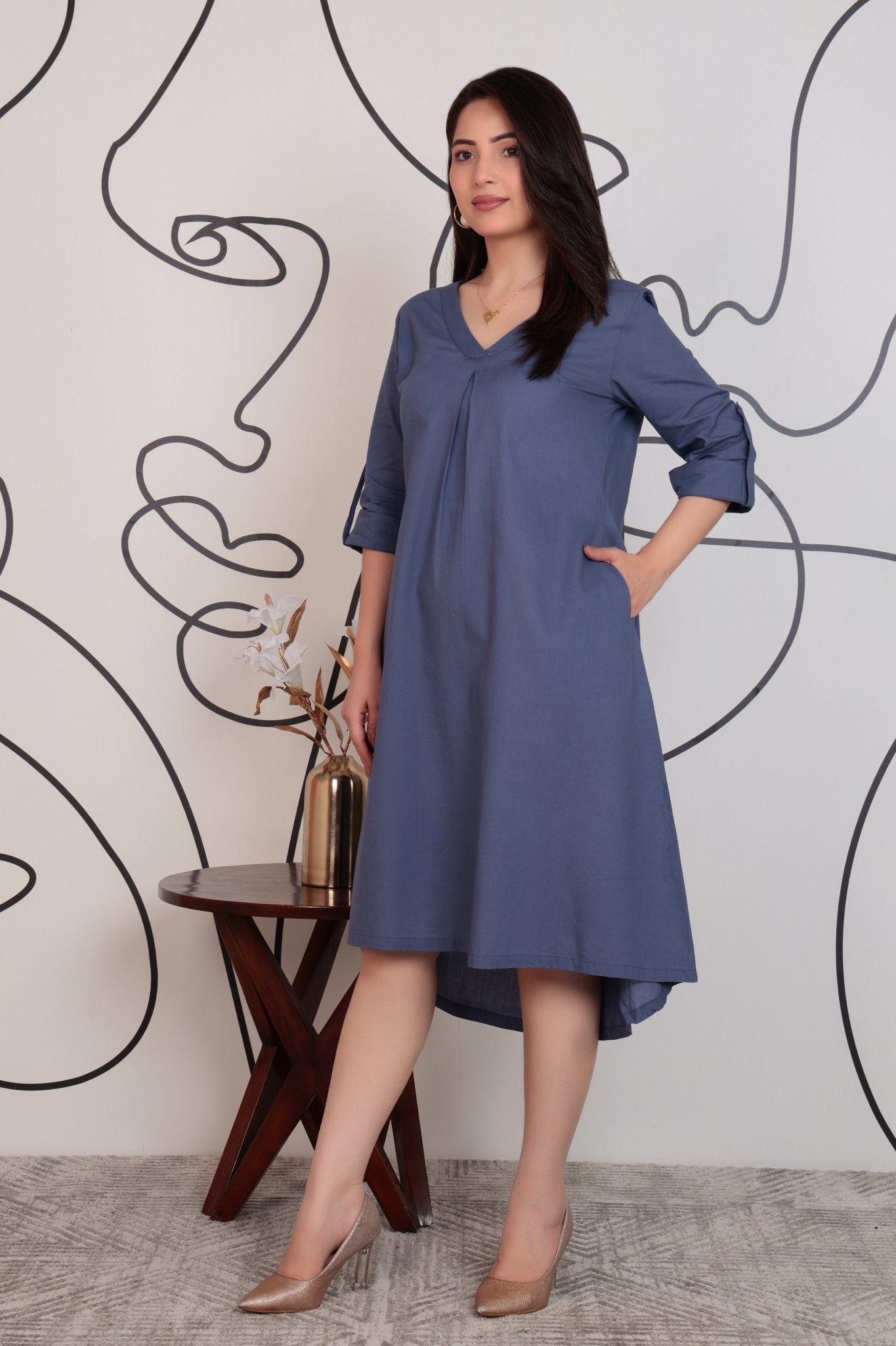 Grey v-neck pleated dress with sleeves [100% pure cotton] -Cotton midi dress