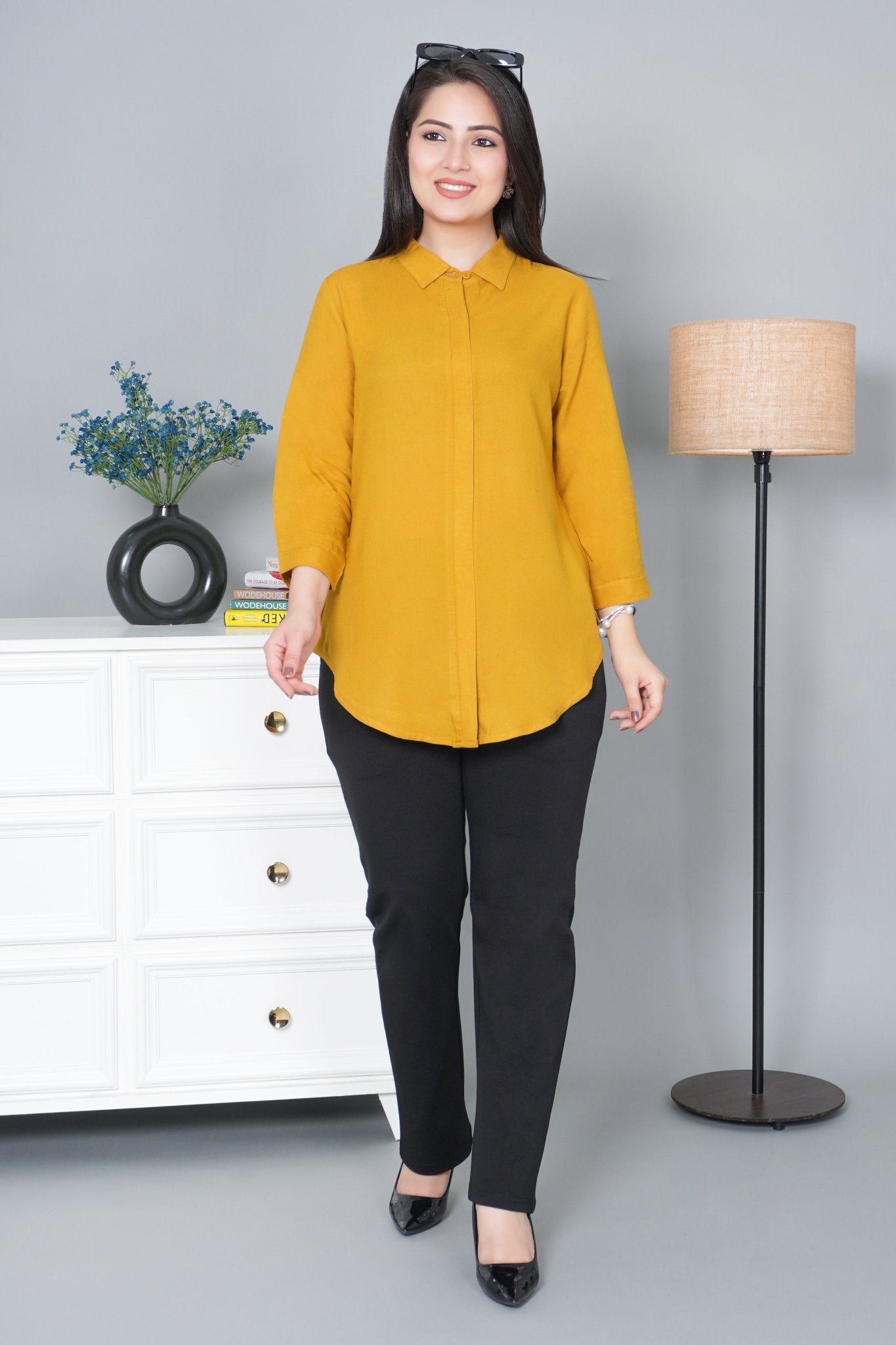 Honey mustard long hemline shirt [ 100% Rayon, Liva Certified ] - Long hemline shirt