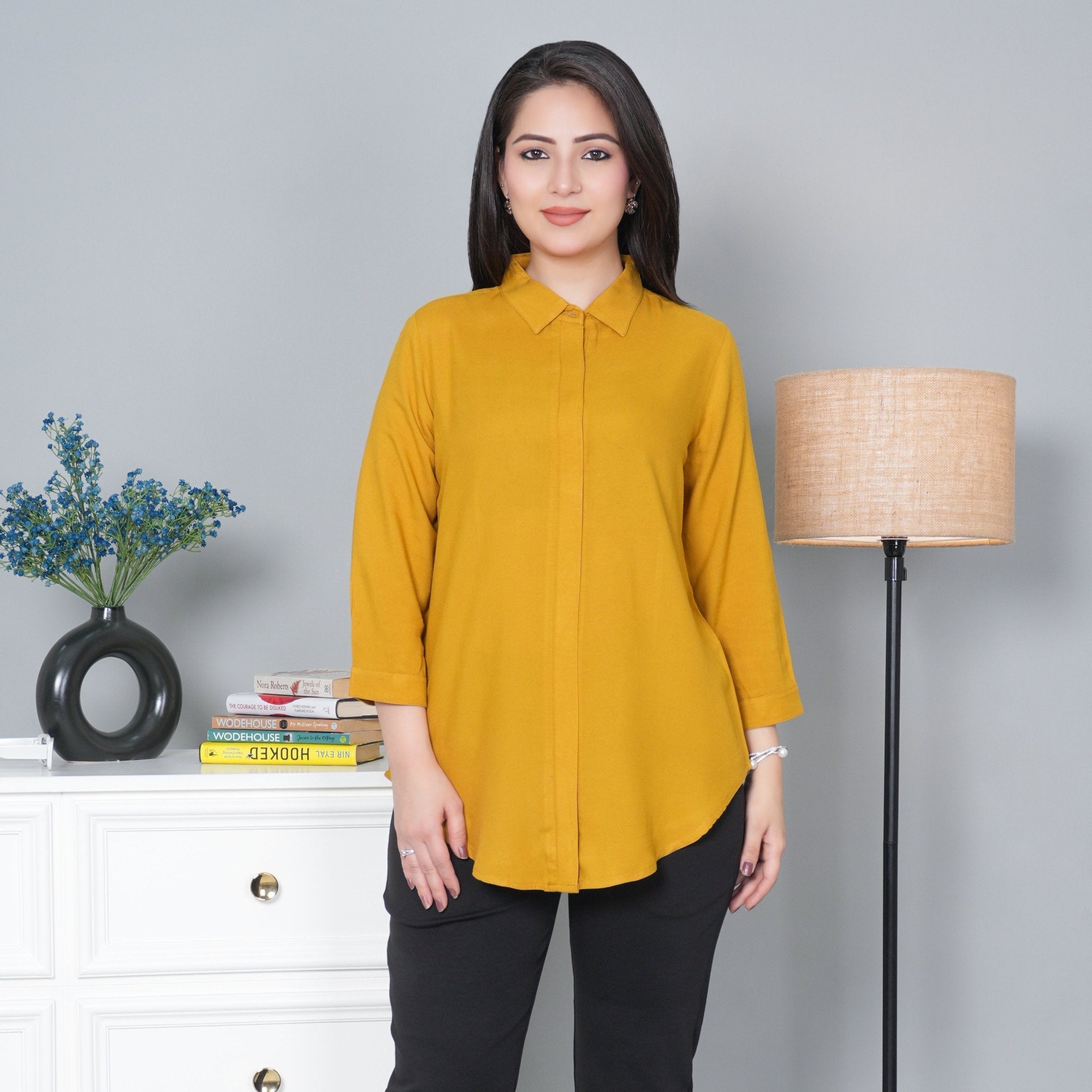 Honey mustard long hemline shirt [ 100% Rayon, Liva Certified ] - Long hemline shirt