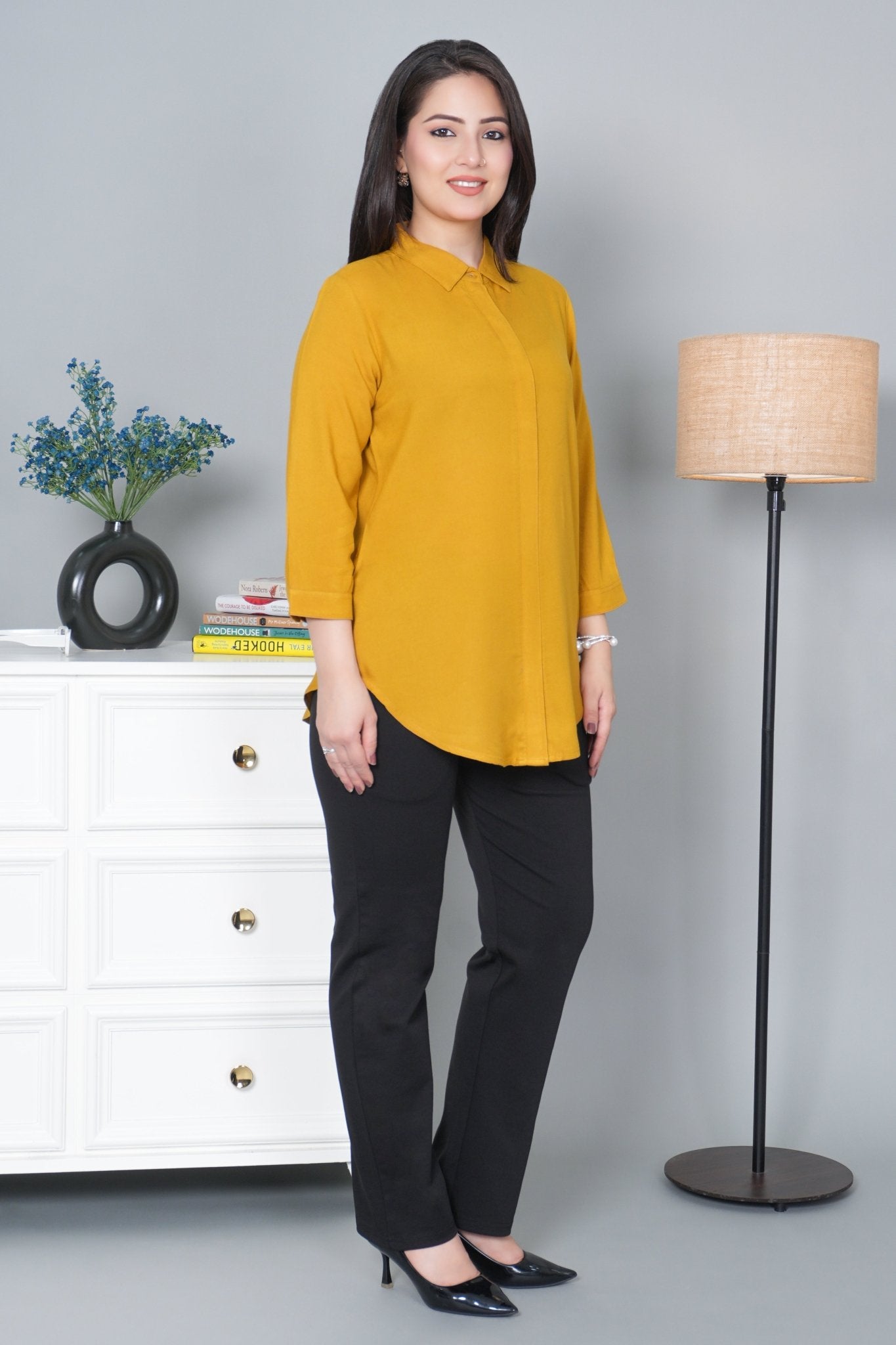 Honey mustard long hemline shirt [ 100% Rayon, Liva Certified ] - Long hemline shirt