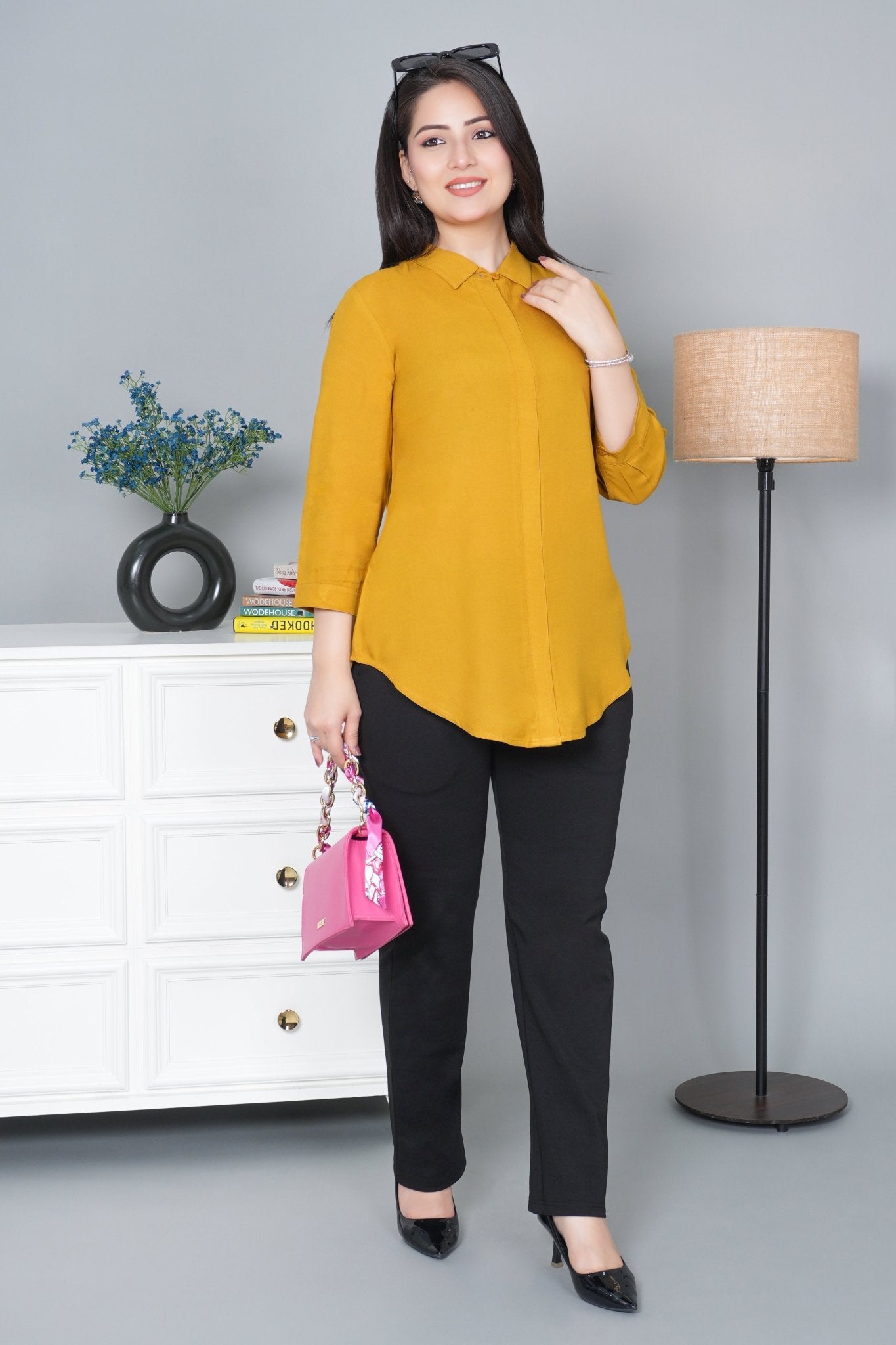 Honey mustard long hemline shirt [ 100% Rayon, Liva Certified ] - Long hemline shirt