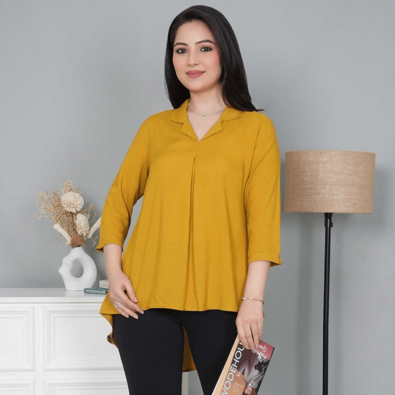 Honey mustard rayon collar top [ Premium 100% Rayon, Liva Certified ] - Rayon collar top