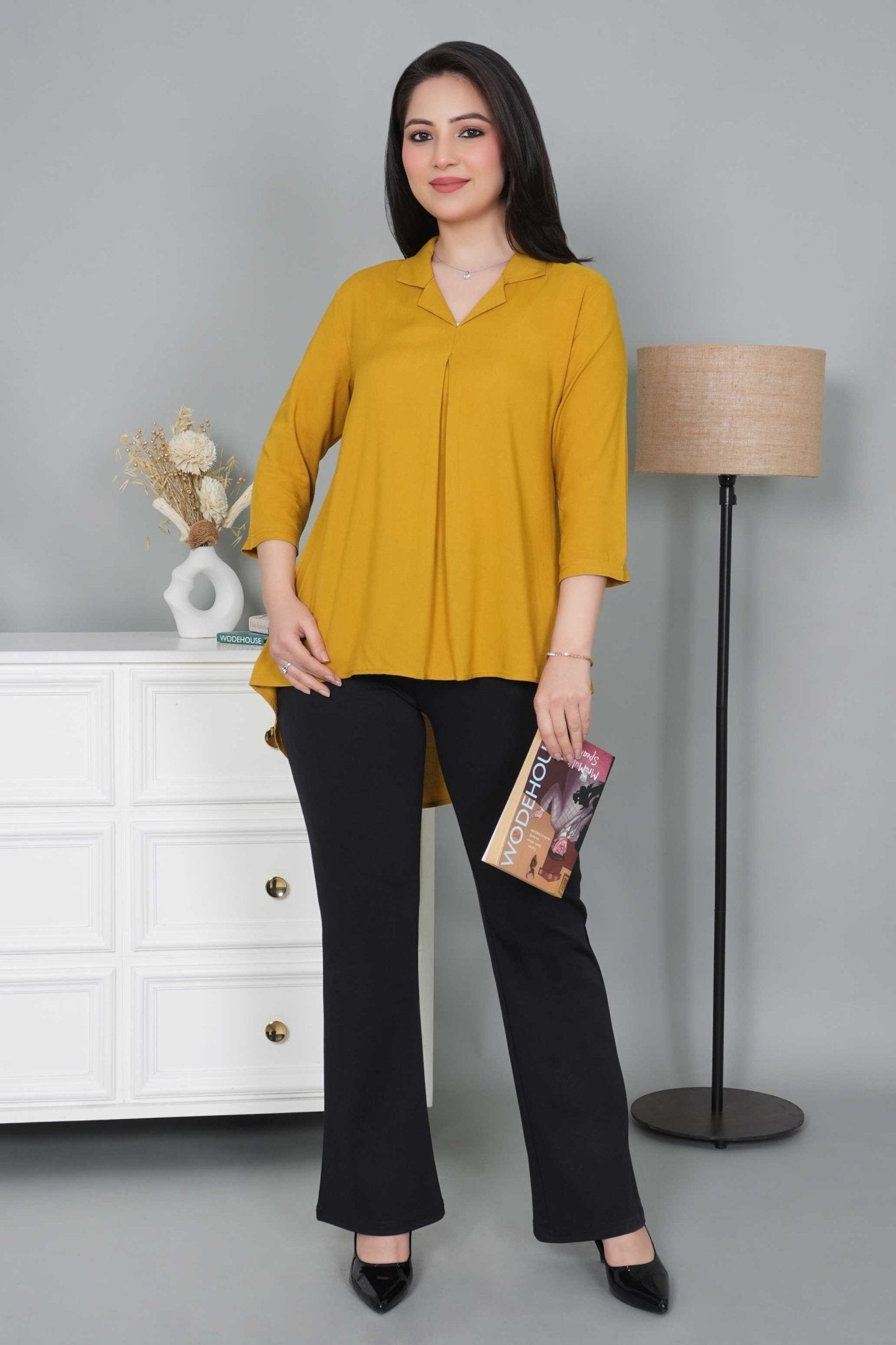 Honey mustard rayon collar top [ Premium 100% Rayon, Liva Certified ] - Rayon collar top