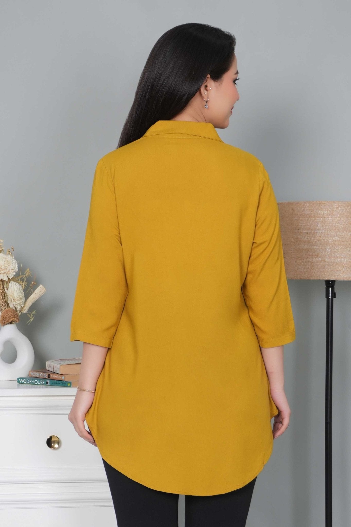 Honey mustard rayon collar top [ Premium 100% Rayon, Liva Certified ] - Rayon collar top