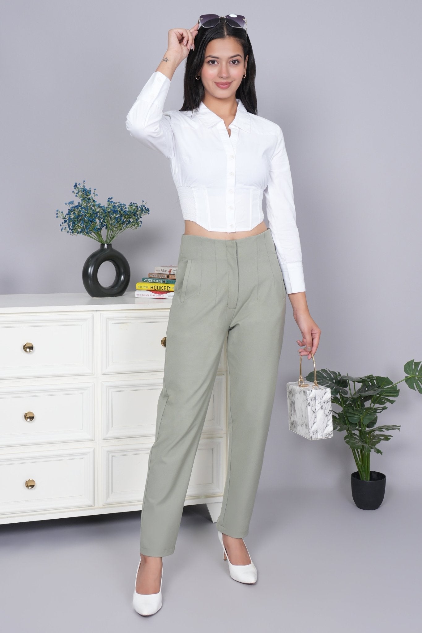 Ice green high waist pleated pant with spandex [Straight fit] - High waist pleated pant