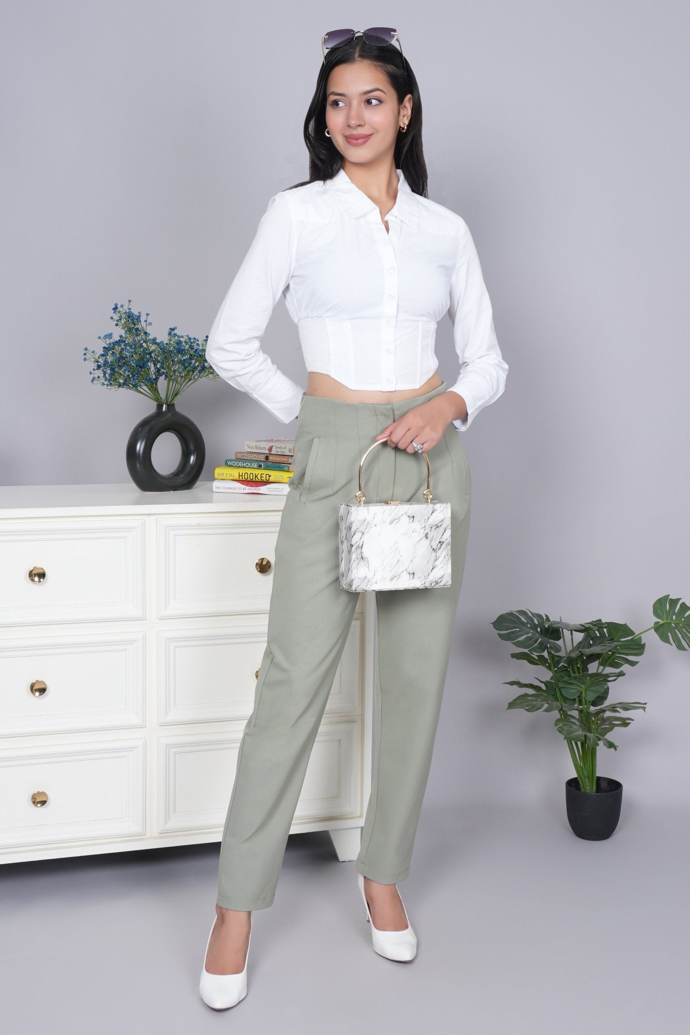 Ice green high waist pleated pant with spandex [Straight fit] - High waist pleated pant