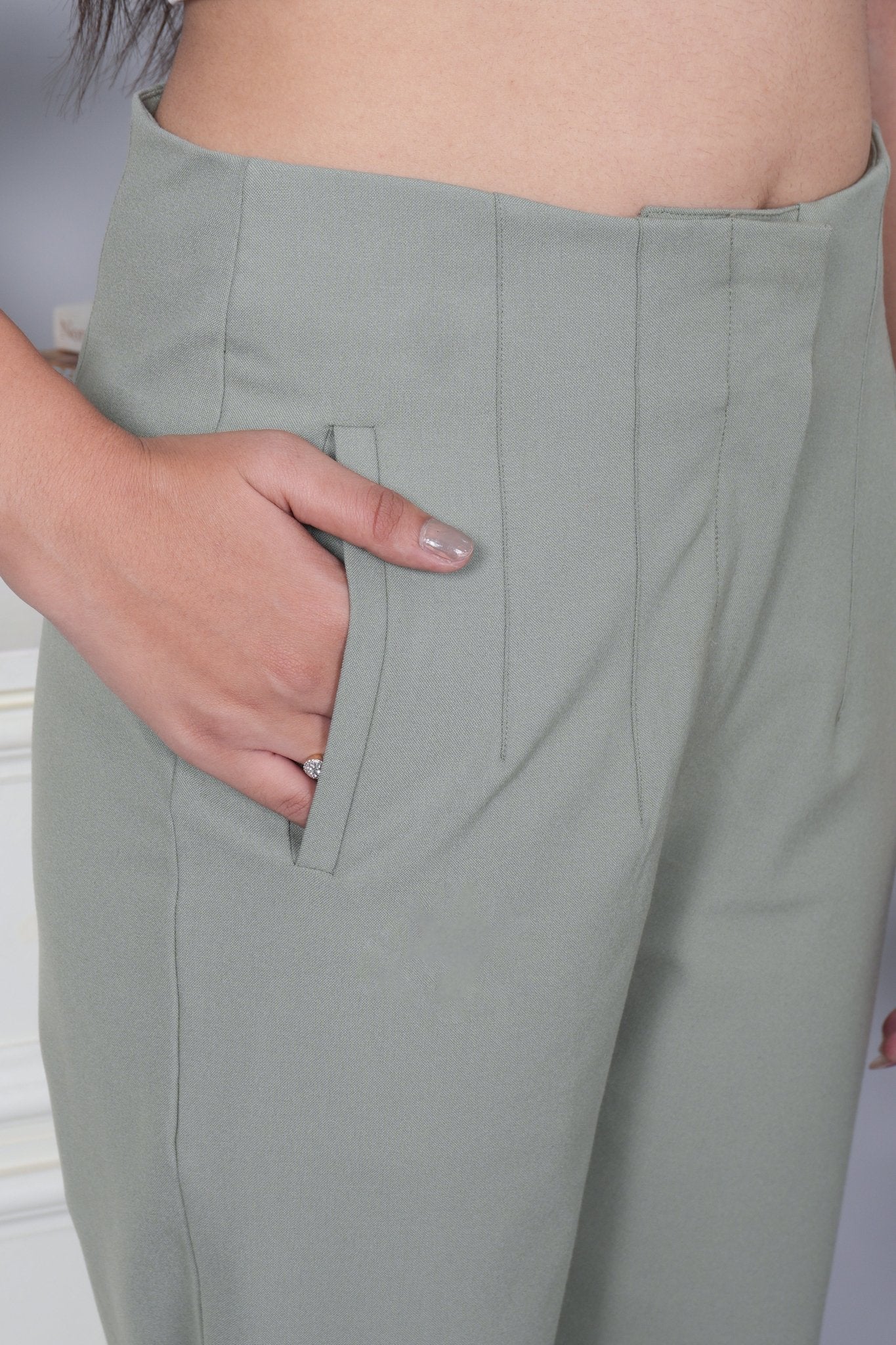 Ice green high waist pleated pant with spandex [Straight fit] - High waist pleated pant