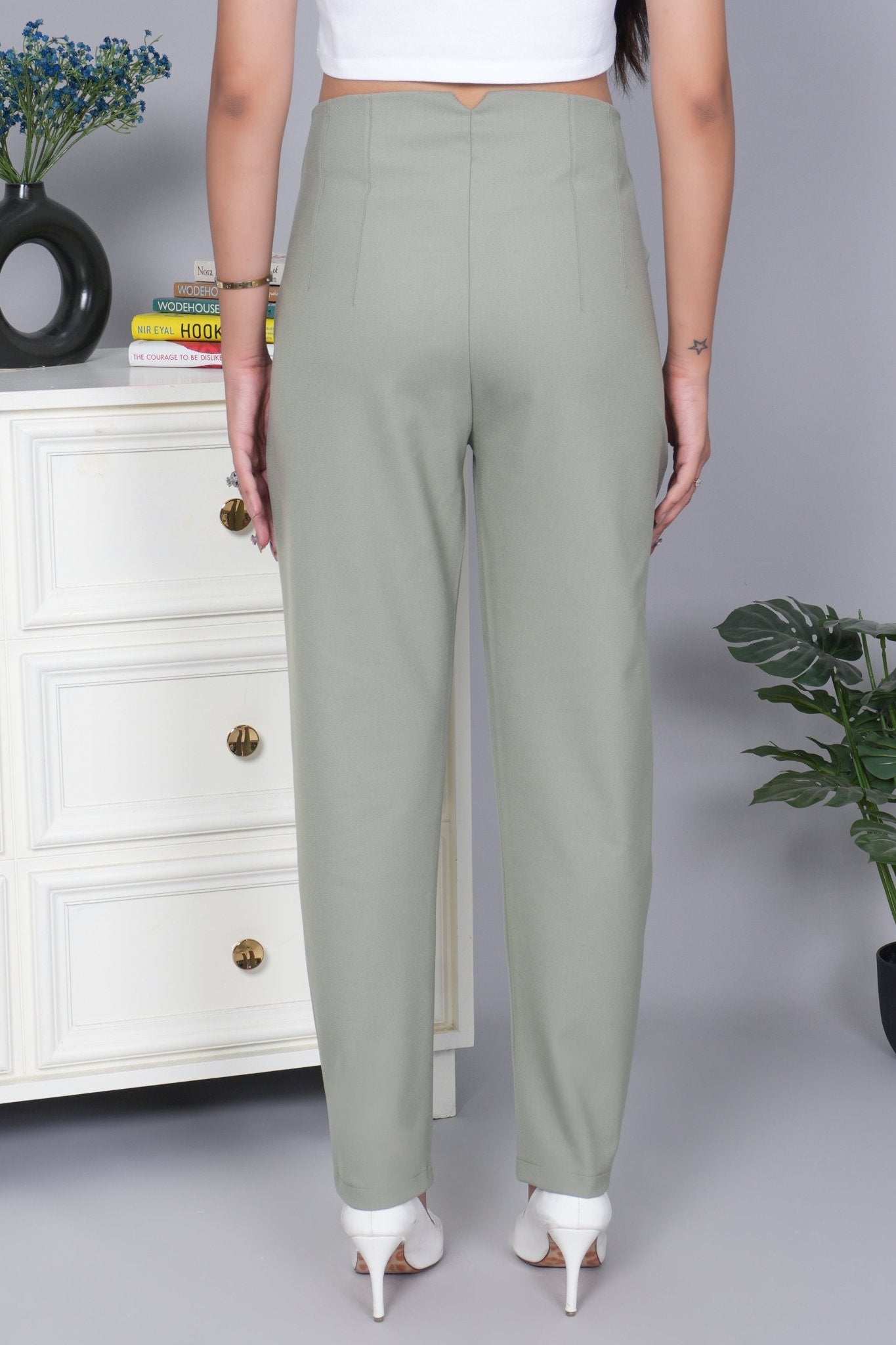 Ice green high waist pleated pant with spandex [Straight fit] - High waist pleated pant