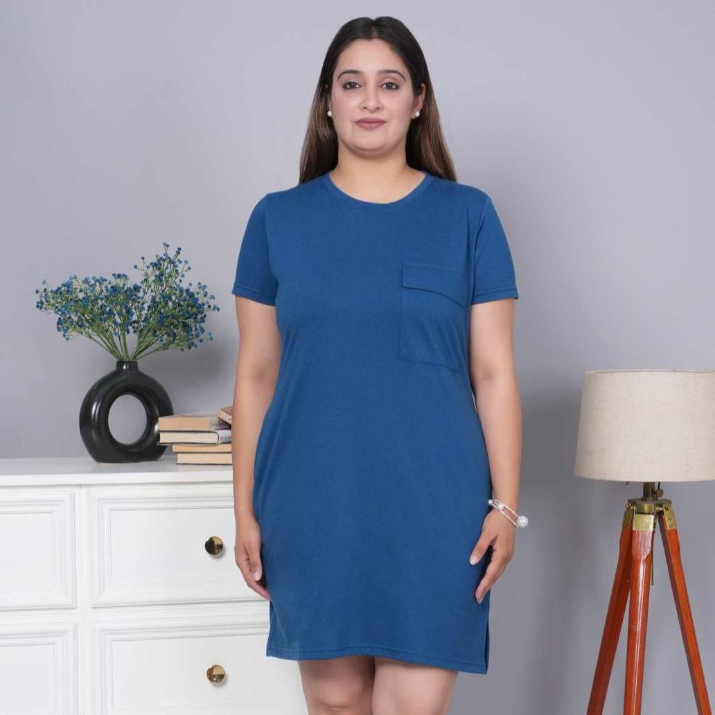Indigo blue cotton round neck dress with flap pocket - Flap pocket dress