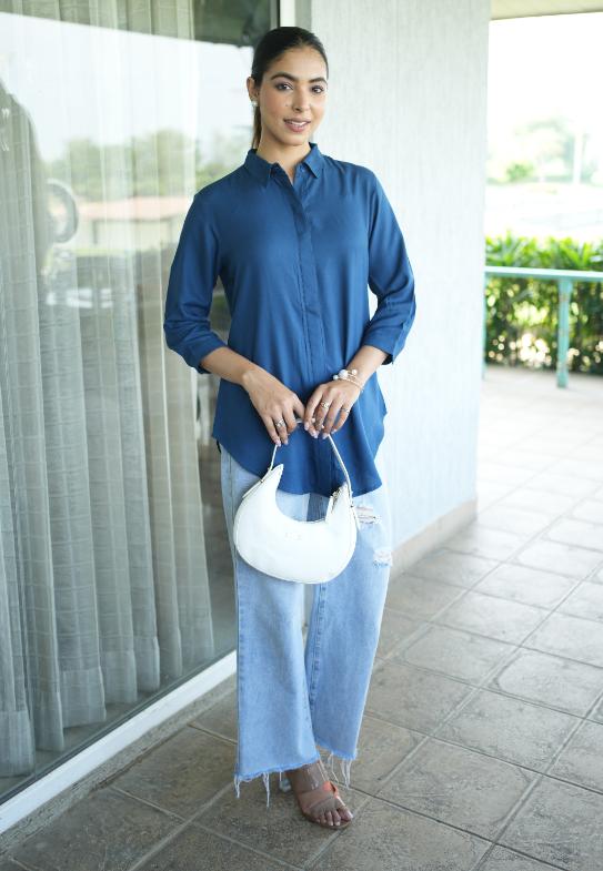 Indigo blue long hemline shirt [ 100% Rayon, Liva Certified ] - Long hemline shirt