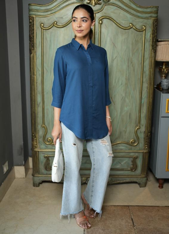 Indigo blue long hemline shirt [ 100% Rayon, Liva Certified ] - Long hemline shirt