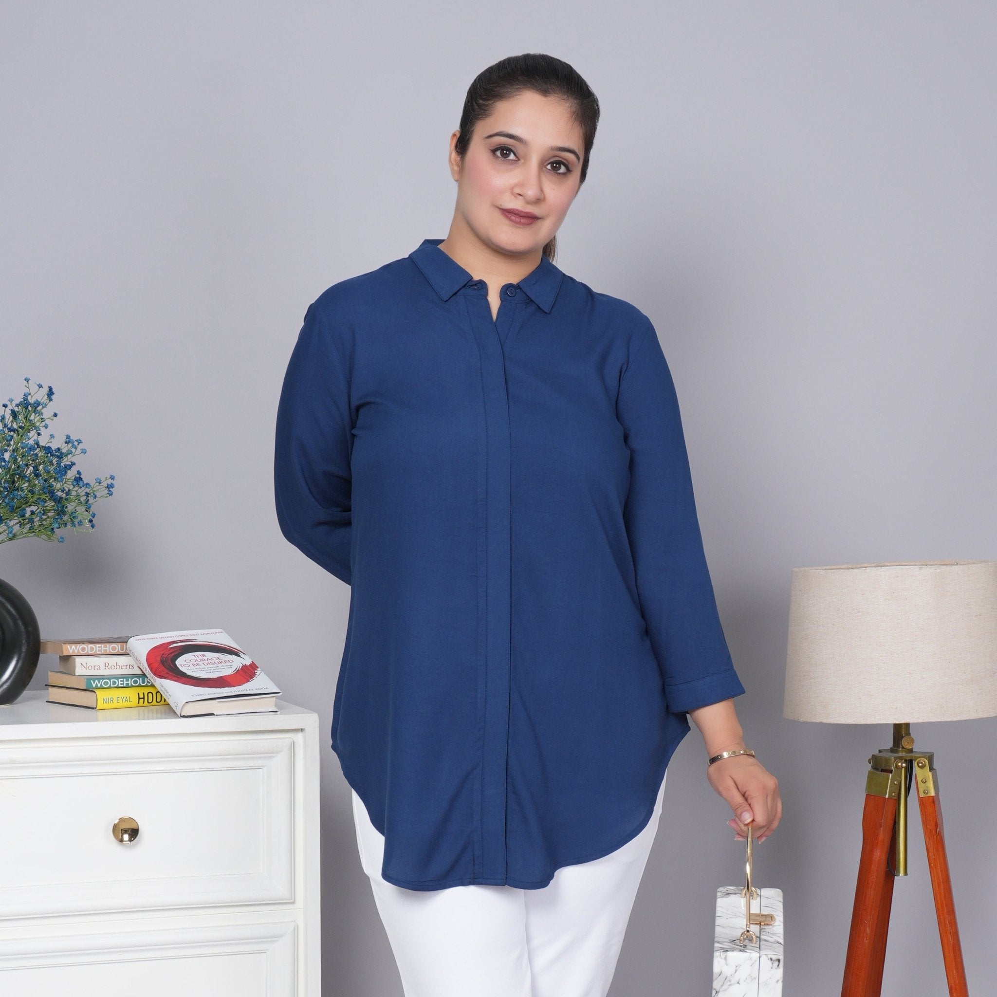 Indigo blue long hemline shirt [ 100% Rayon, Liva Certified ] - Long hemline shirt