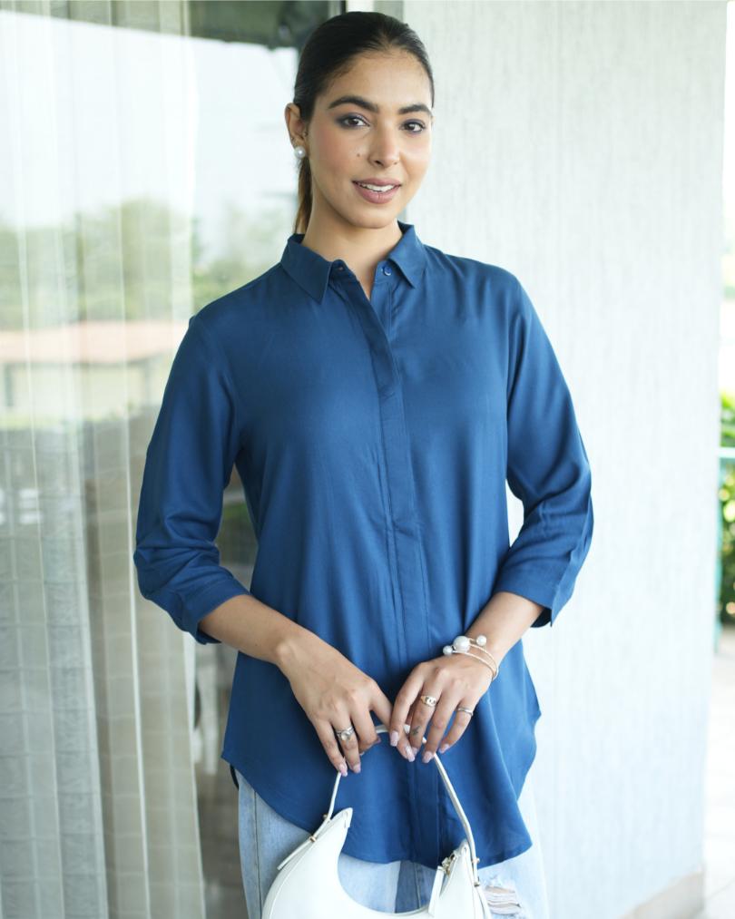 Indigo blue long hemline shirt [ 100% Rayon, Liva Certified ] - Long hemline shirt