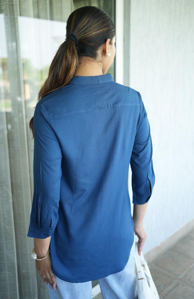 Indigo blue long hemline shirt [ 100% Rayon, Liva Certified ] - Long hemline shirt