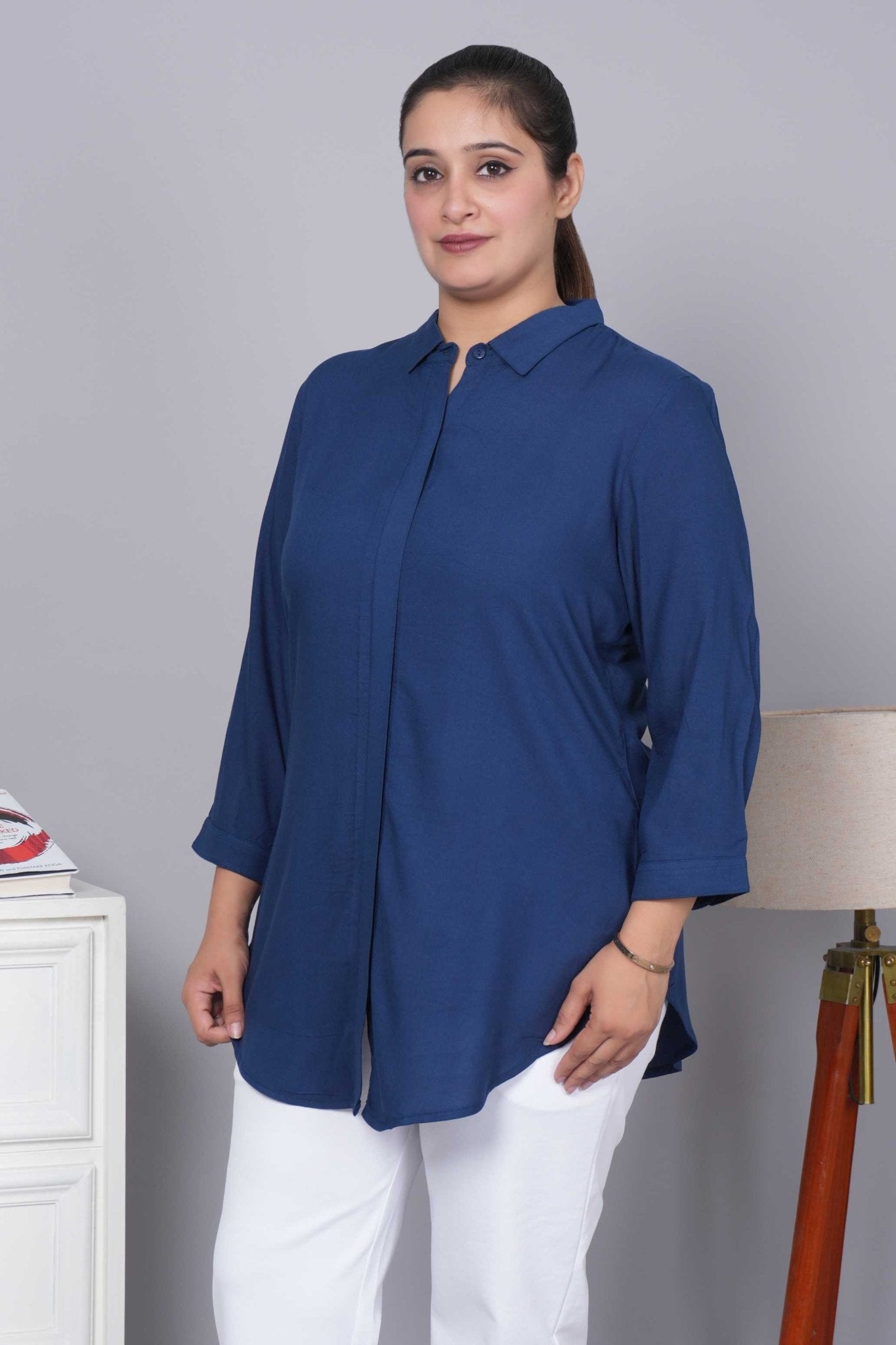 Indigo blue long hemline shirt [ 100% Rayon, Liva Certified ] - Long hemline shirt