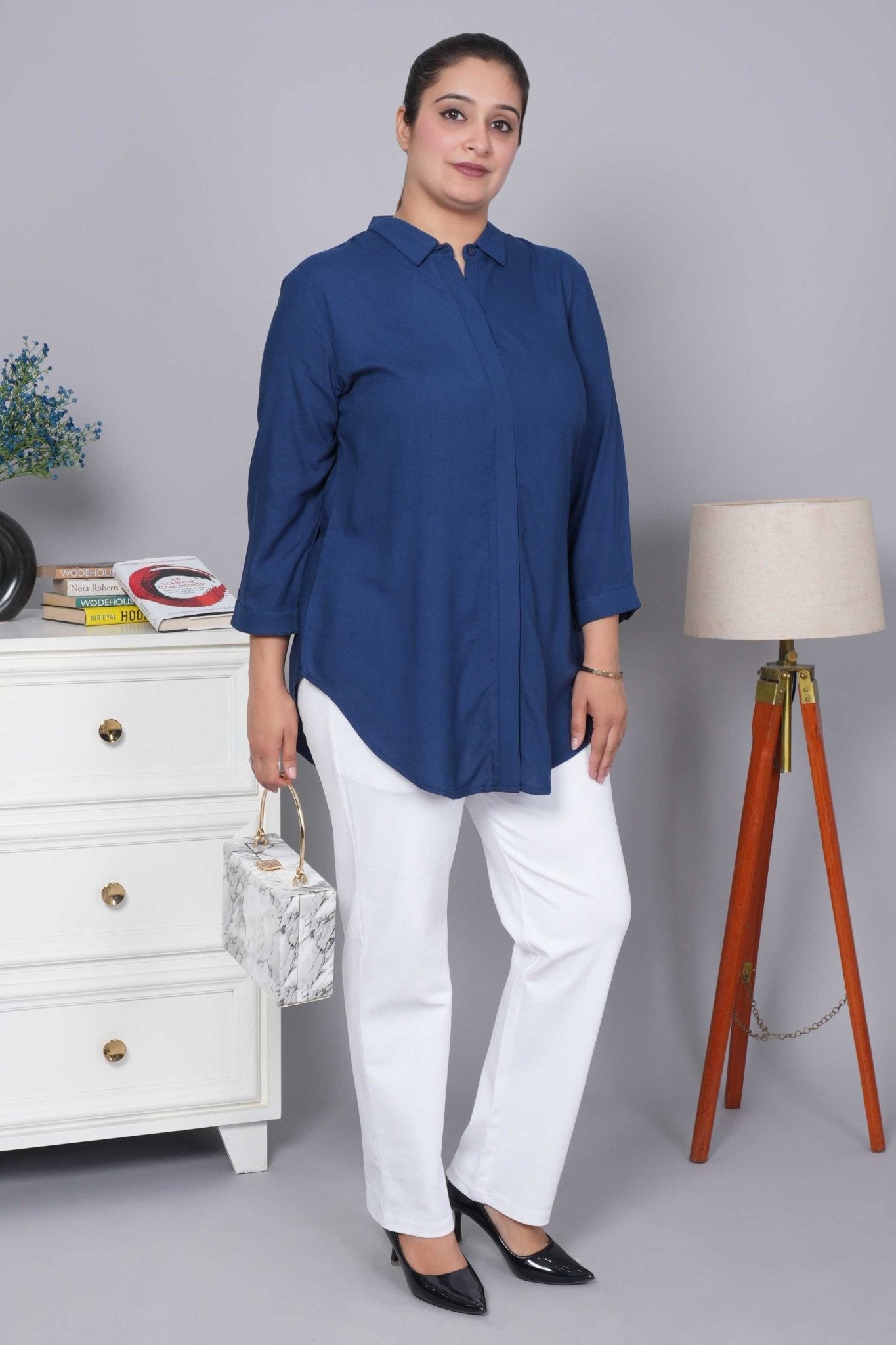 Indigo blue long hemline shirt [ 100% Rayon, Liva Certified ] - Long hemline shirt