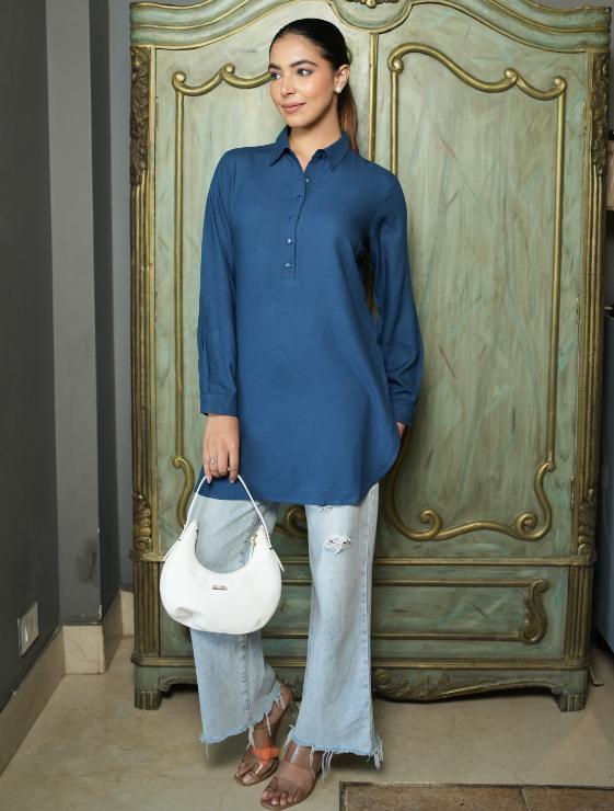 Indigo blue longline shirt [ 100% Rayon, Liva Certified ] - Long line shirt