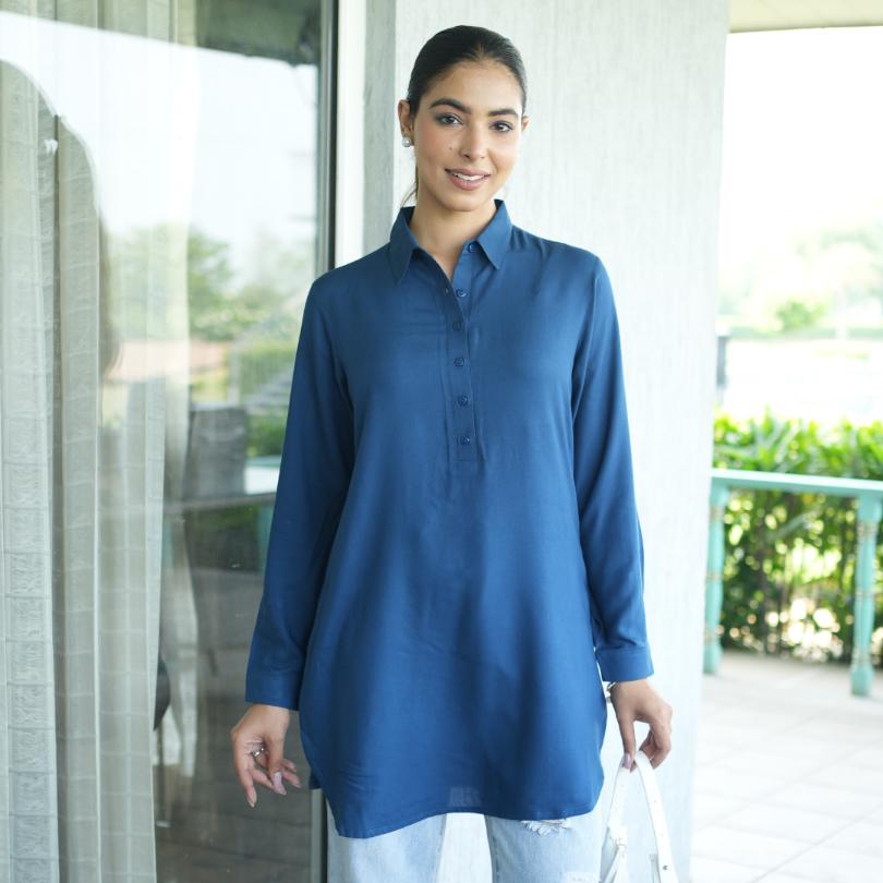 Indigo blue longline shirt [ 100% Rayon, Liva Certified ] - Long line shirt