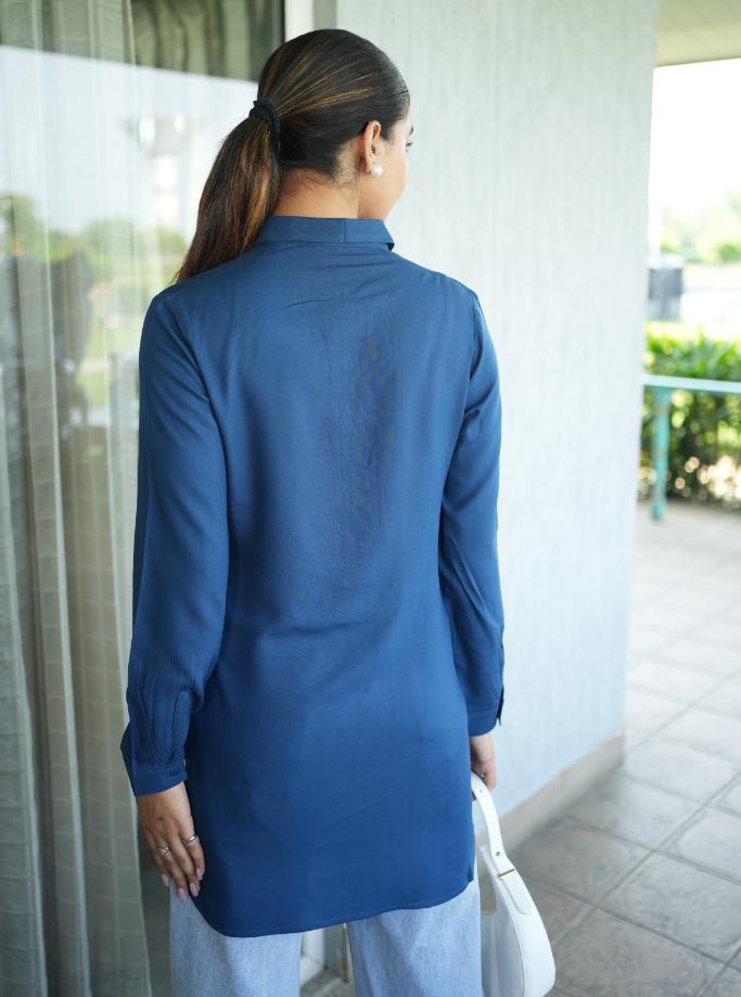 Indigo blue longline shirt [ 100% Rayon, Liva Certified ] - Long line shirt