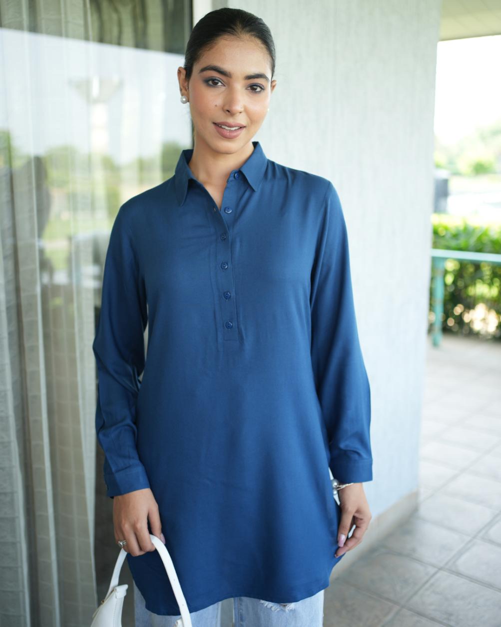 Indigo blue longline shirt [ 100% Rayon, Liva Certified ] - Long line shirt