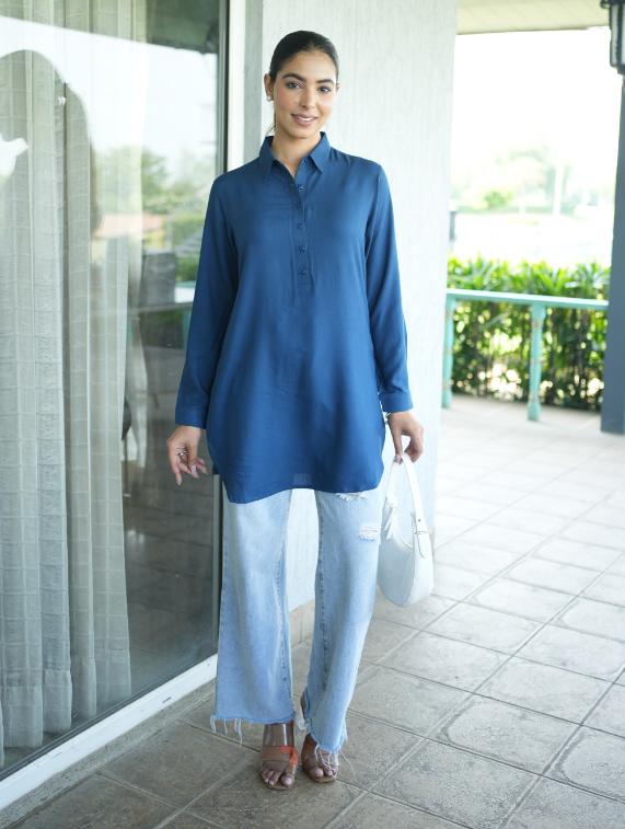 Indigo blue longline shirt [ 100% Rayon, Liva Certified ] - Long line shirt